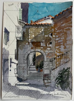 Bargemon Provence Stone Archway Sunlit Steps French Village Watercolor