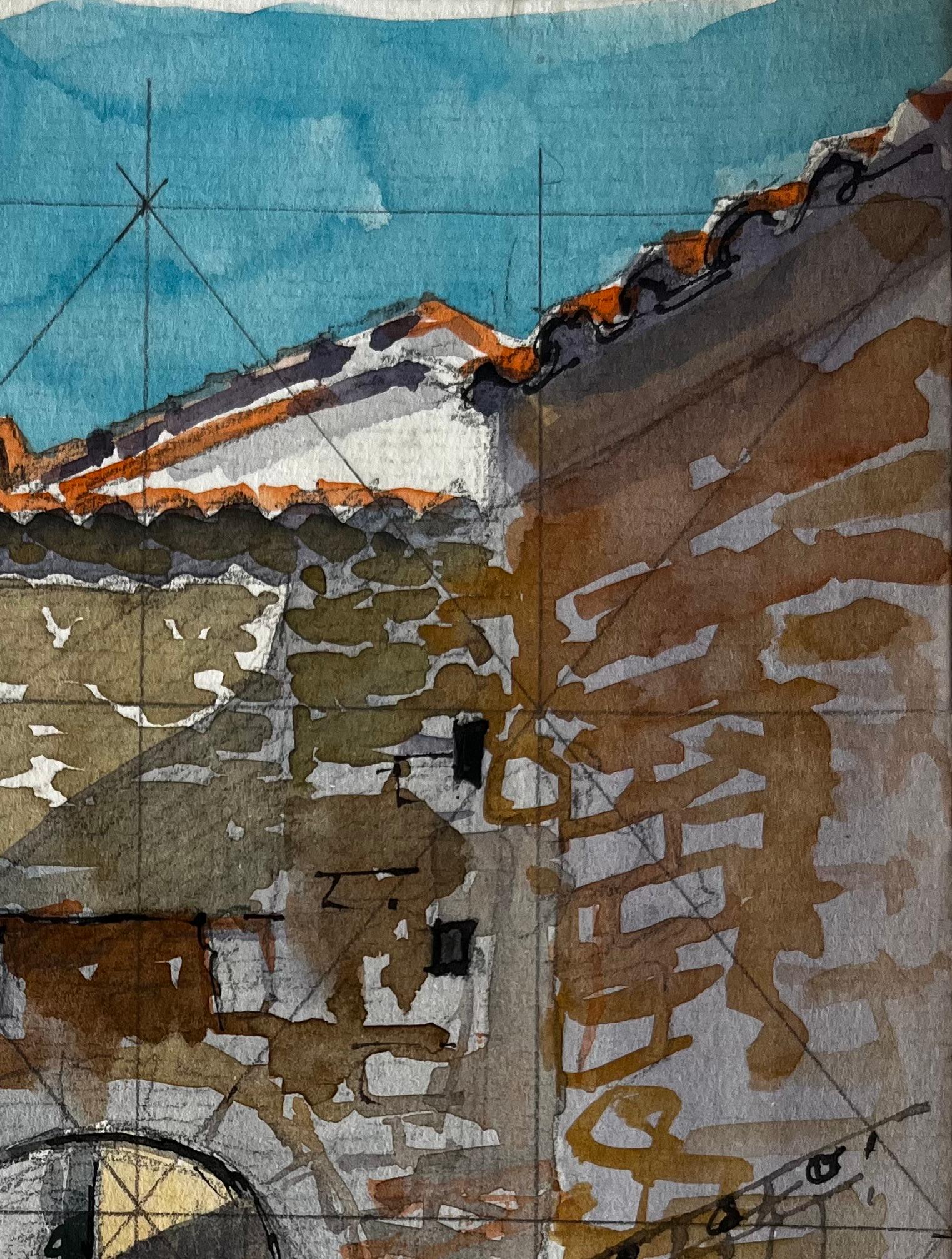 Bargemon Provence Arche en pierre Marches ensoleillées Village français Aquarelle en vente 1