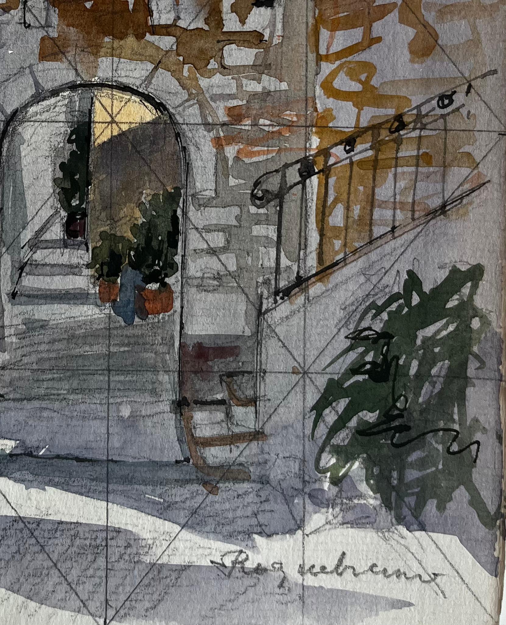 Bargemon Provence Arche en pierre Marches ensoleillées Village français Aquarelle - Gris Landscape Art par Pierre Neveu