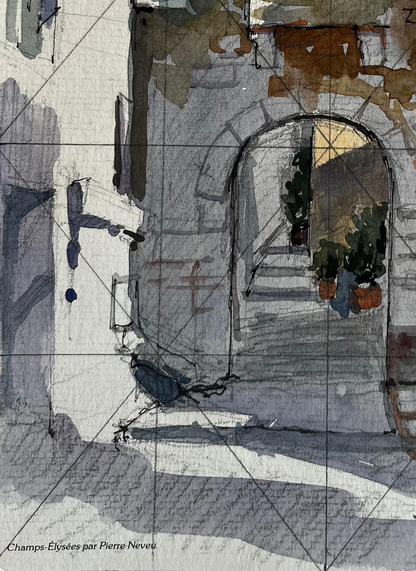 Bargemon Provence Arche en pierre Marches ensoleillées Village français Aquarelle - Post-impressionnisme Art par Pierre Neveu