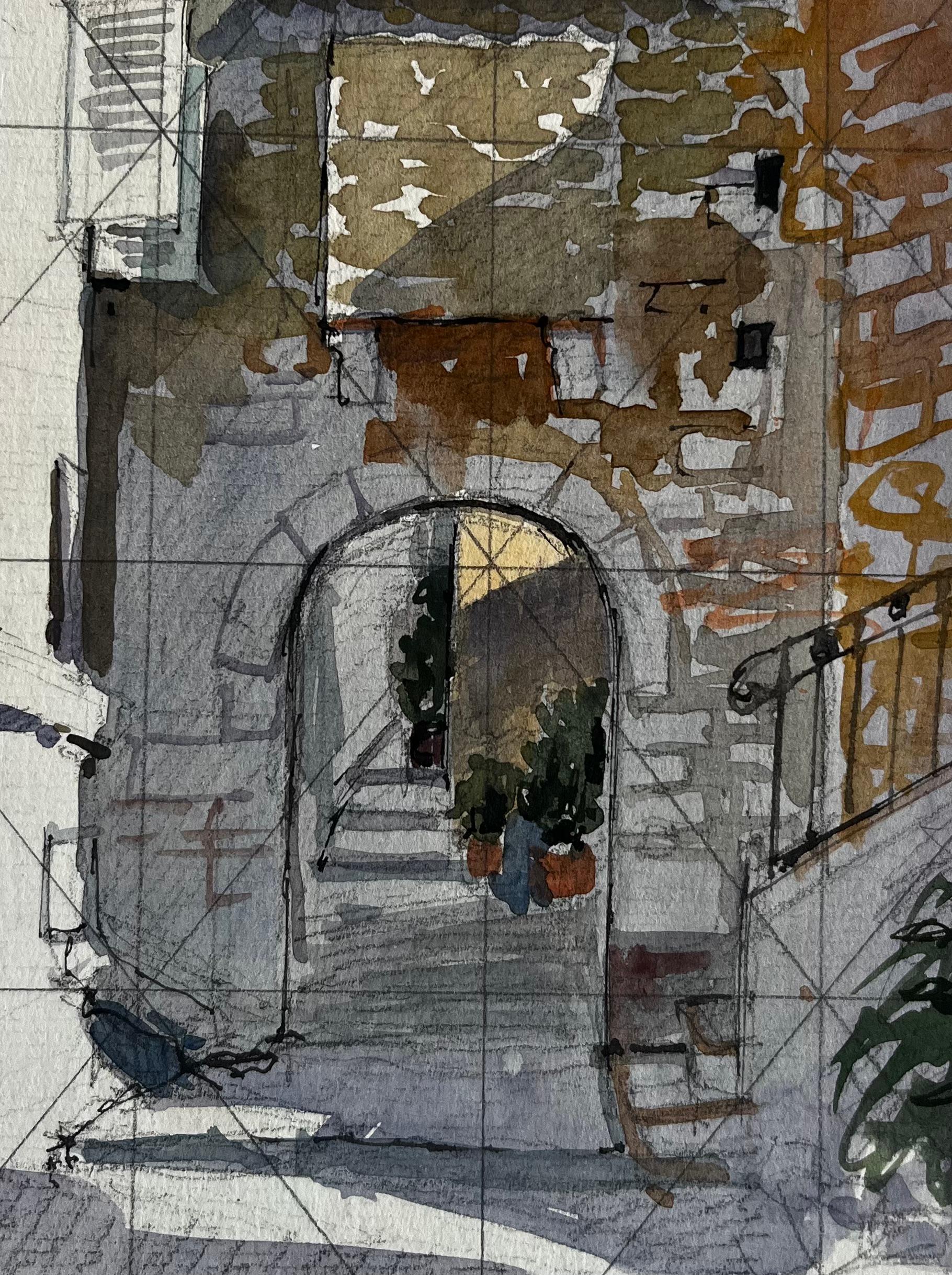 Bargemon Provence Arche en pierre Marches ensoleillées Village français Aquarelle en vente 2