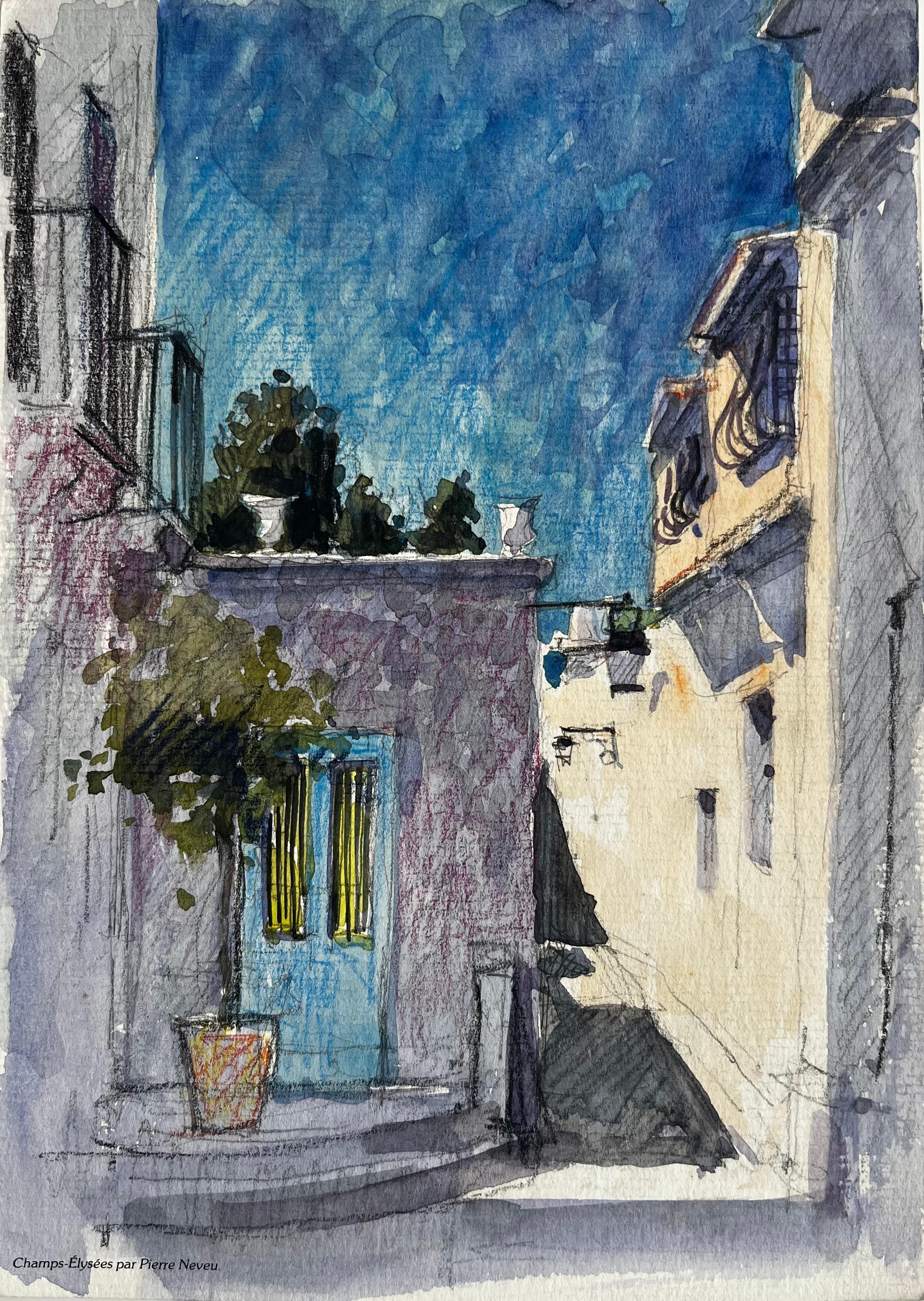 Vicolo mediterraneo illuminato dal sole con porta blu e pareti ombreggiate Villaggio francese