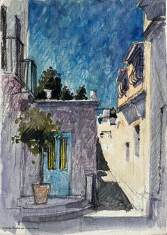 Sunlit Mediterranean Alley with Blue Door and Shadowed Walls French Village
