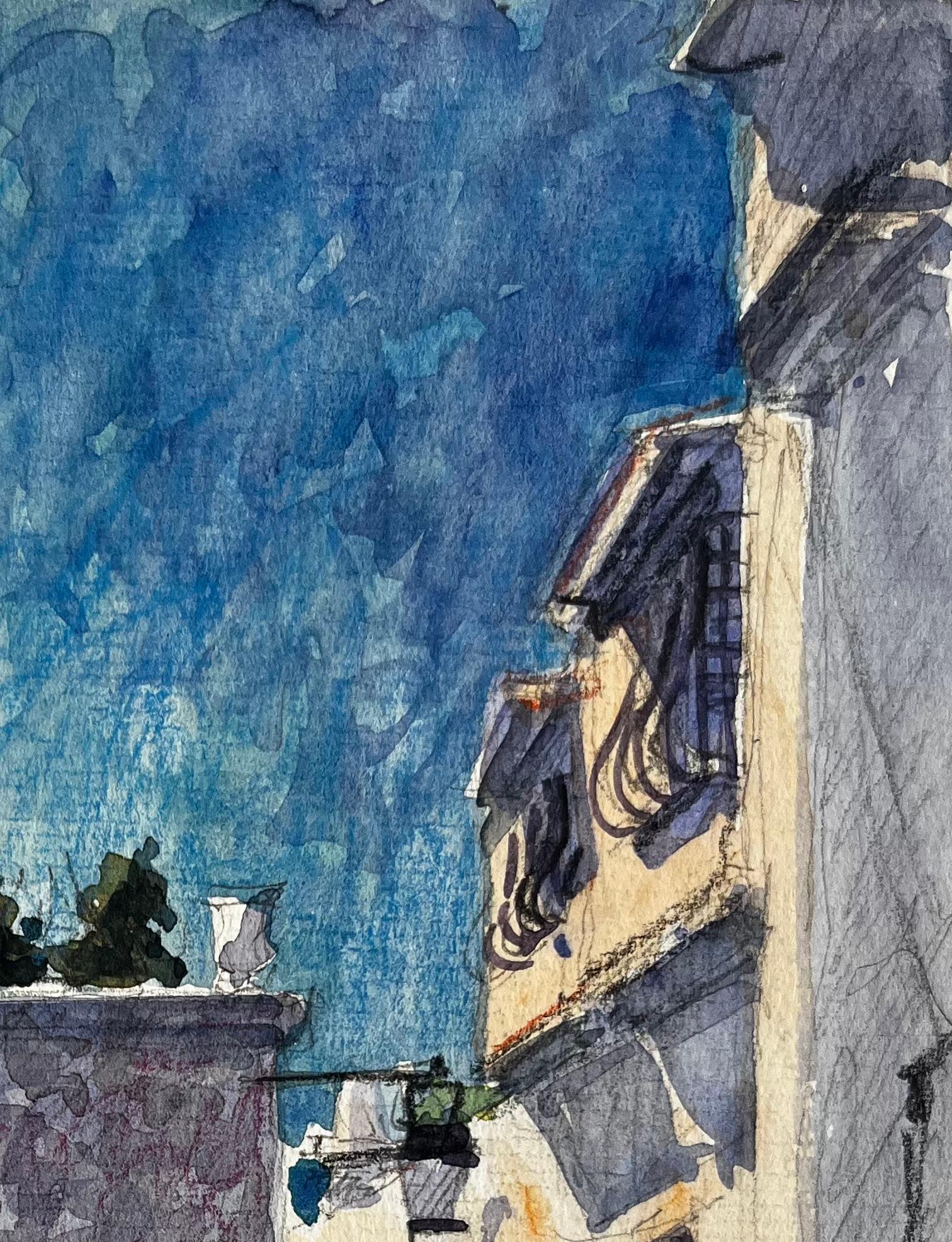 Ruelle méditerranéenne ensoleillée avec porte bleue et murs ombragés Village français - Post-impressionnisme Art par Pierre Neveu