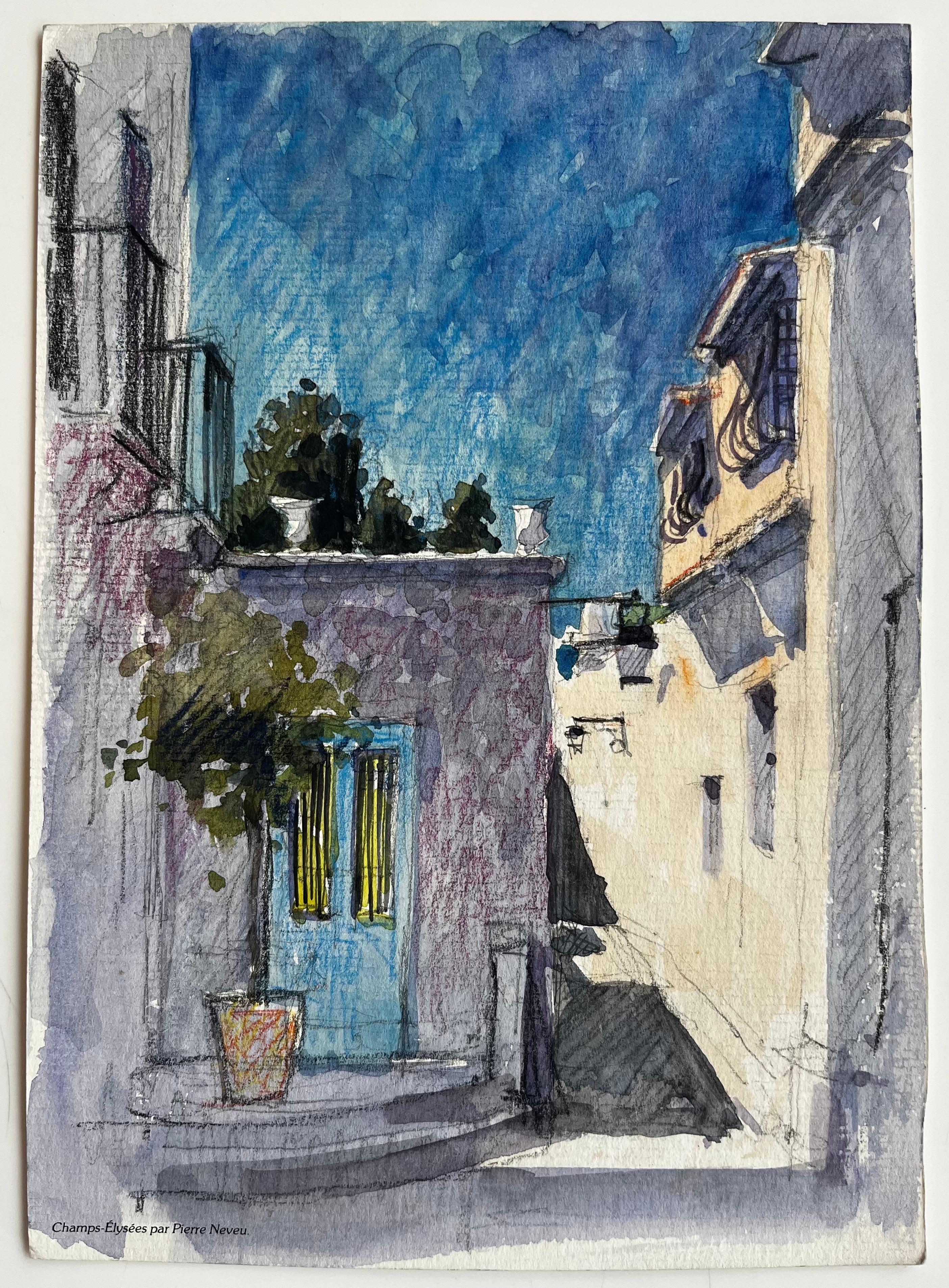 Ruelle méditerranéenne ensoleillée avec porte bleue et murs ombragés Village français - Art de Pierre Neveu