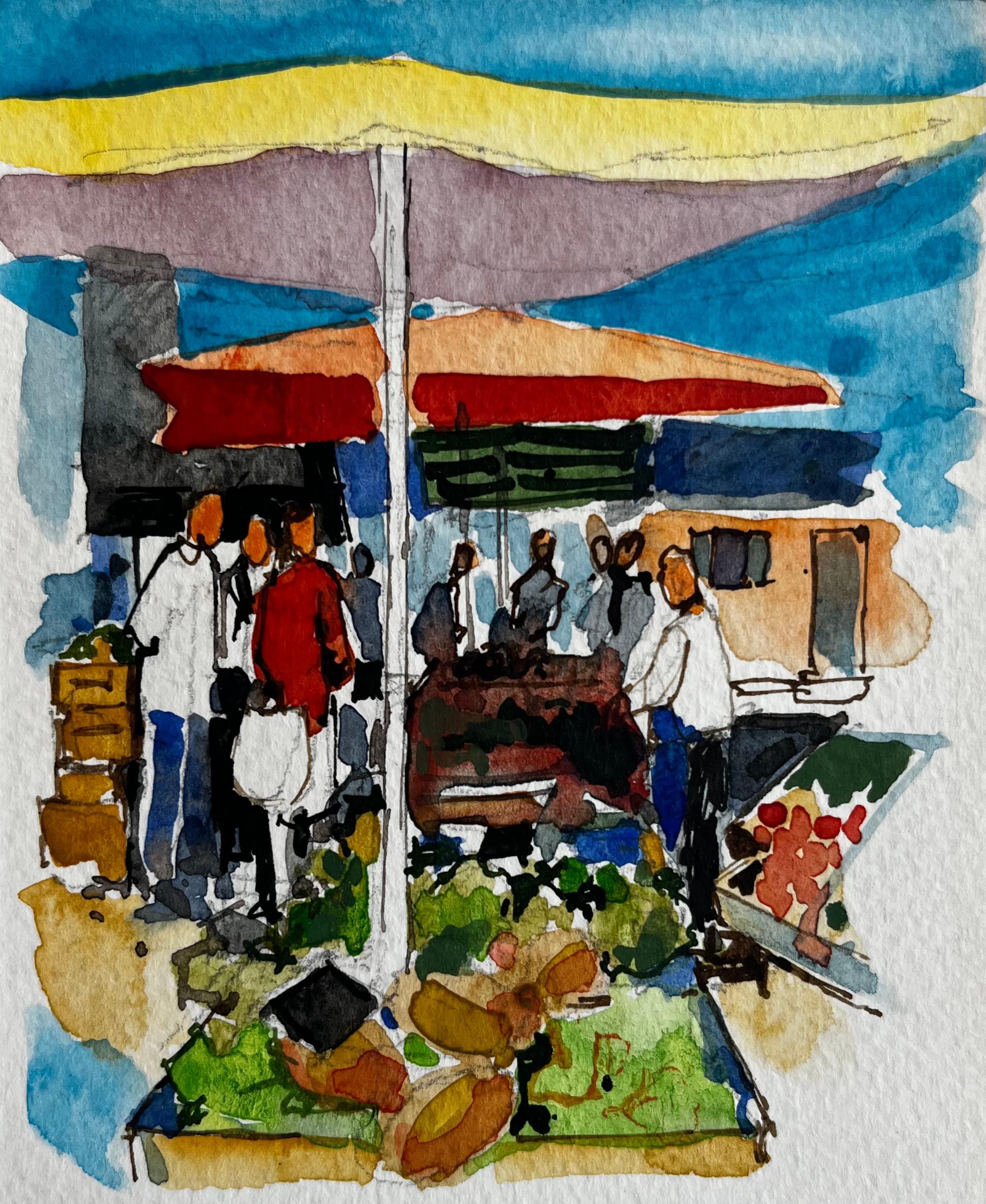 Provence Market Scene with Colourful Umbrellas and Figures French Watercolor