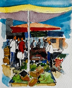 Provence Market Scene with Colourful Umbrellas and Figures French Watercolor