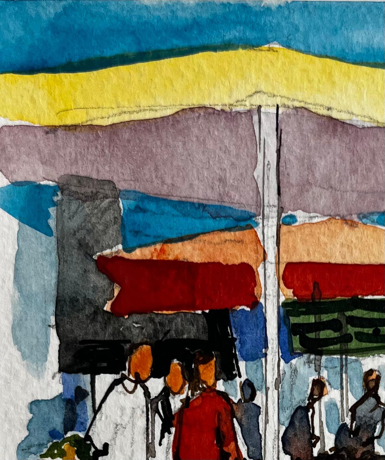 Scène de marché en Provence avec parapluies et personnages colorés Aquarelle française - Post-impressionnisme Painting par Pierre Neveu