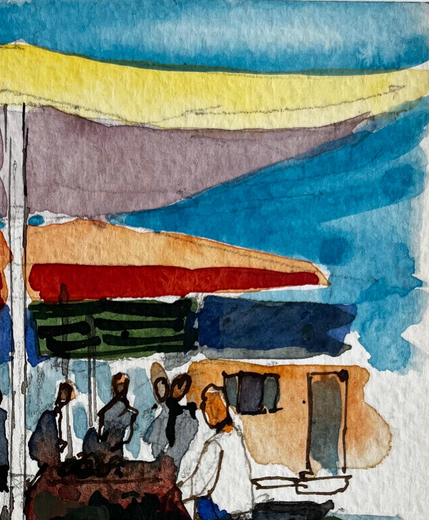 Scène de marché en Provence avec parapluies et personnages colorés Aquarelle française - Marron Landscape Painting par Pierre Neveu