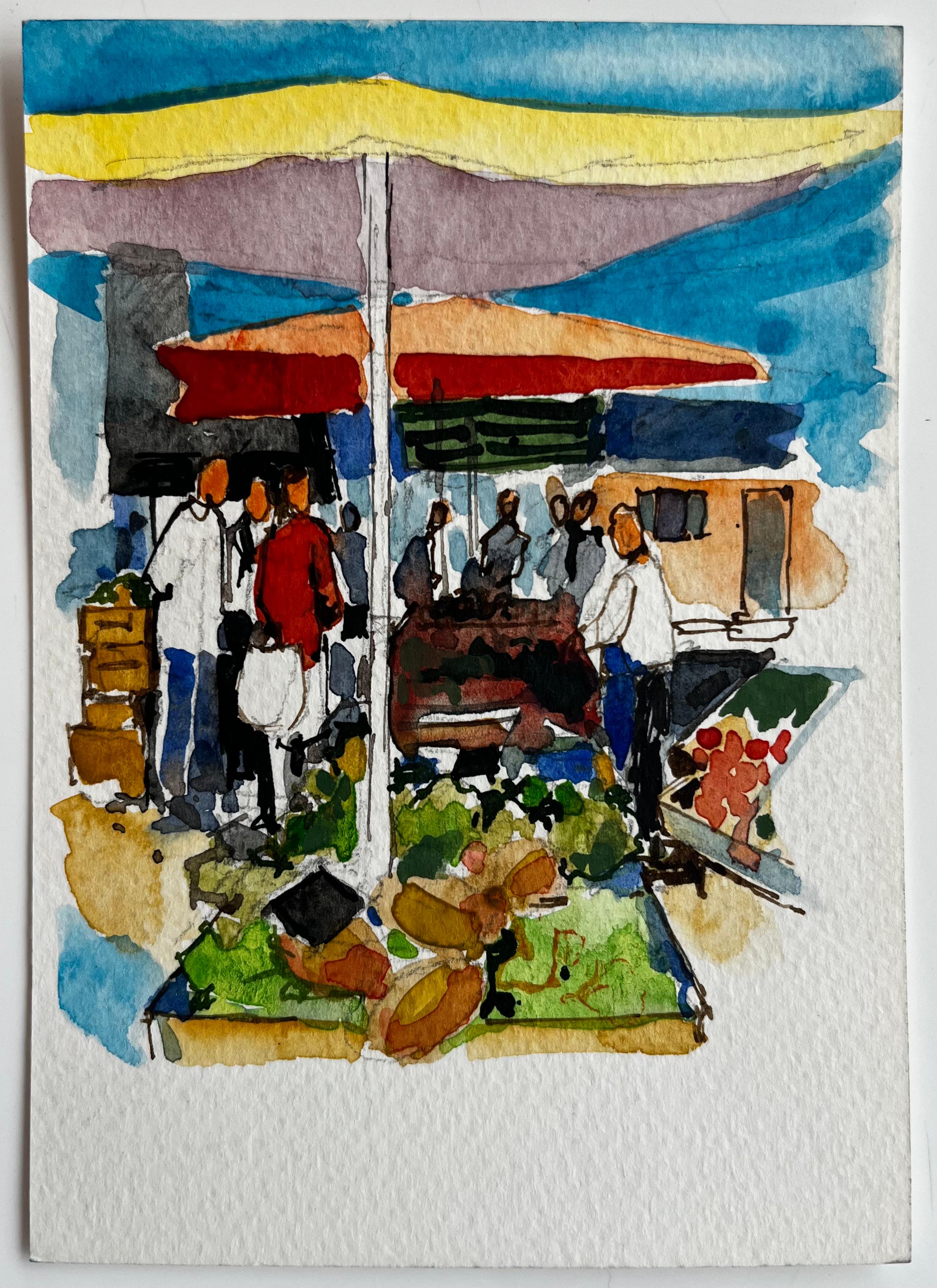 Scène de marché en Provence avec parapluies et personnages colorés Aquarelle française - Painting de Pierre Neveu