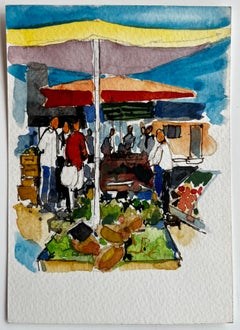 Provence Market Scene with Colourful Umbrellas and Figures French Watercolor