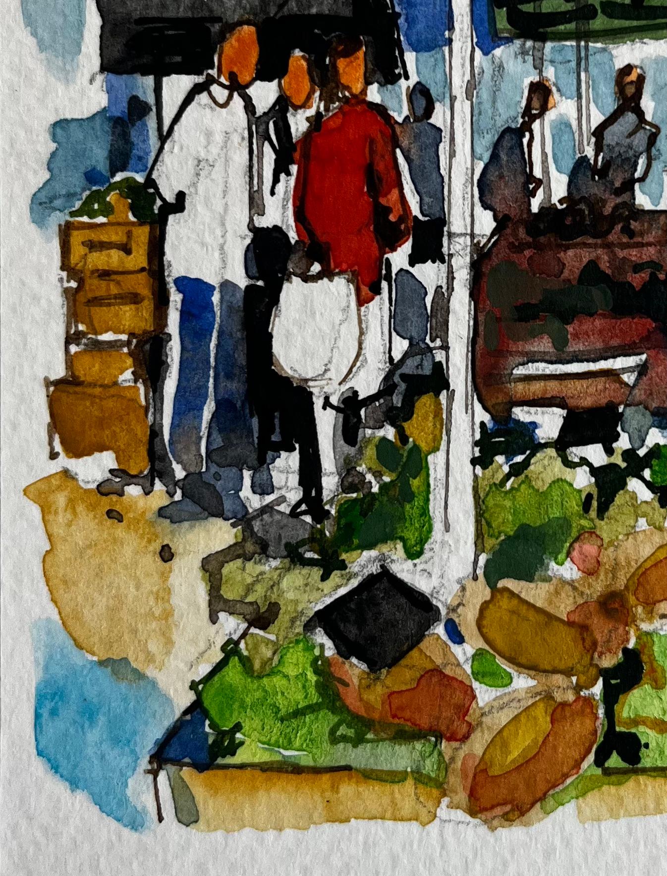 Scène de marché en Provence avec parapluies et personnages colorés Aquarelle française en vente 1