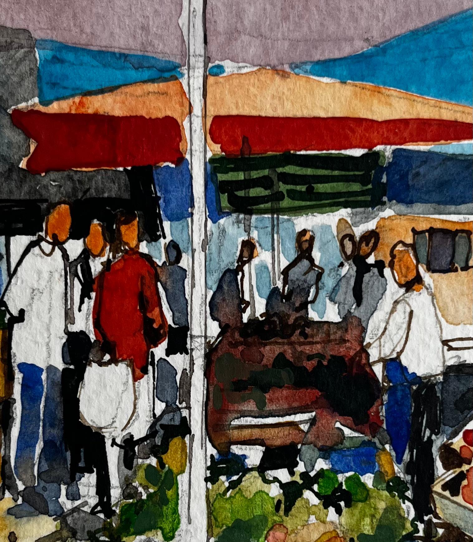 Scène de marché en Provence avec parapluies et personnages colorés Aquarelle française en vente 2