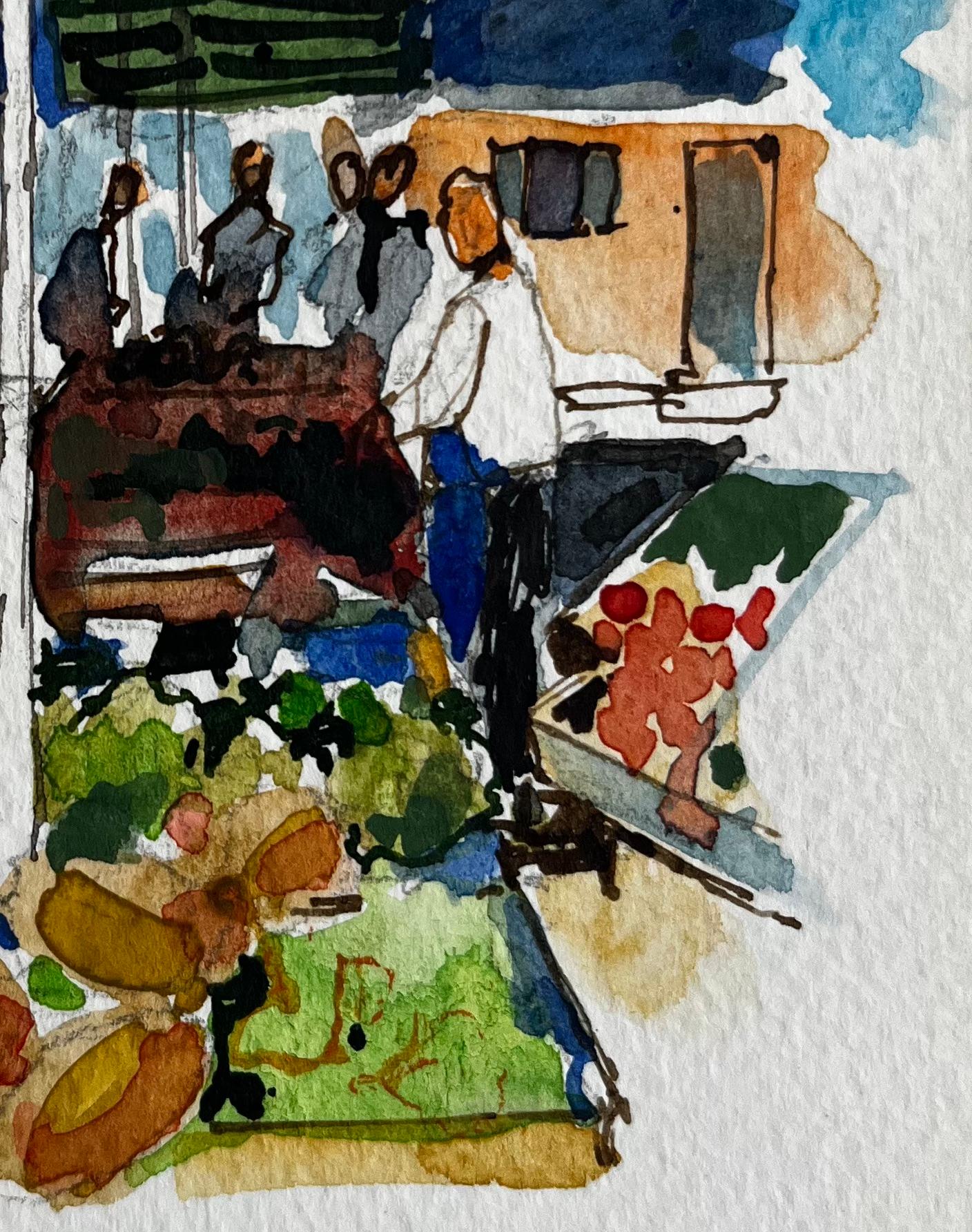 Titre : Scène de marché en Provence avec des parapluies colorés et des personnages Aquarelle française
Artistics : Pierre Neveu (français né en 1929)
Moyen d'expression : Aquarelle sur papier d'artiste, non encadrée
Taille (H x L) : 5.75 x 4.25