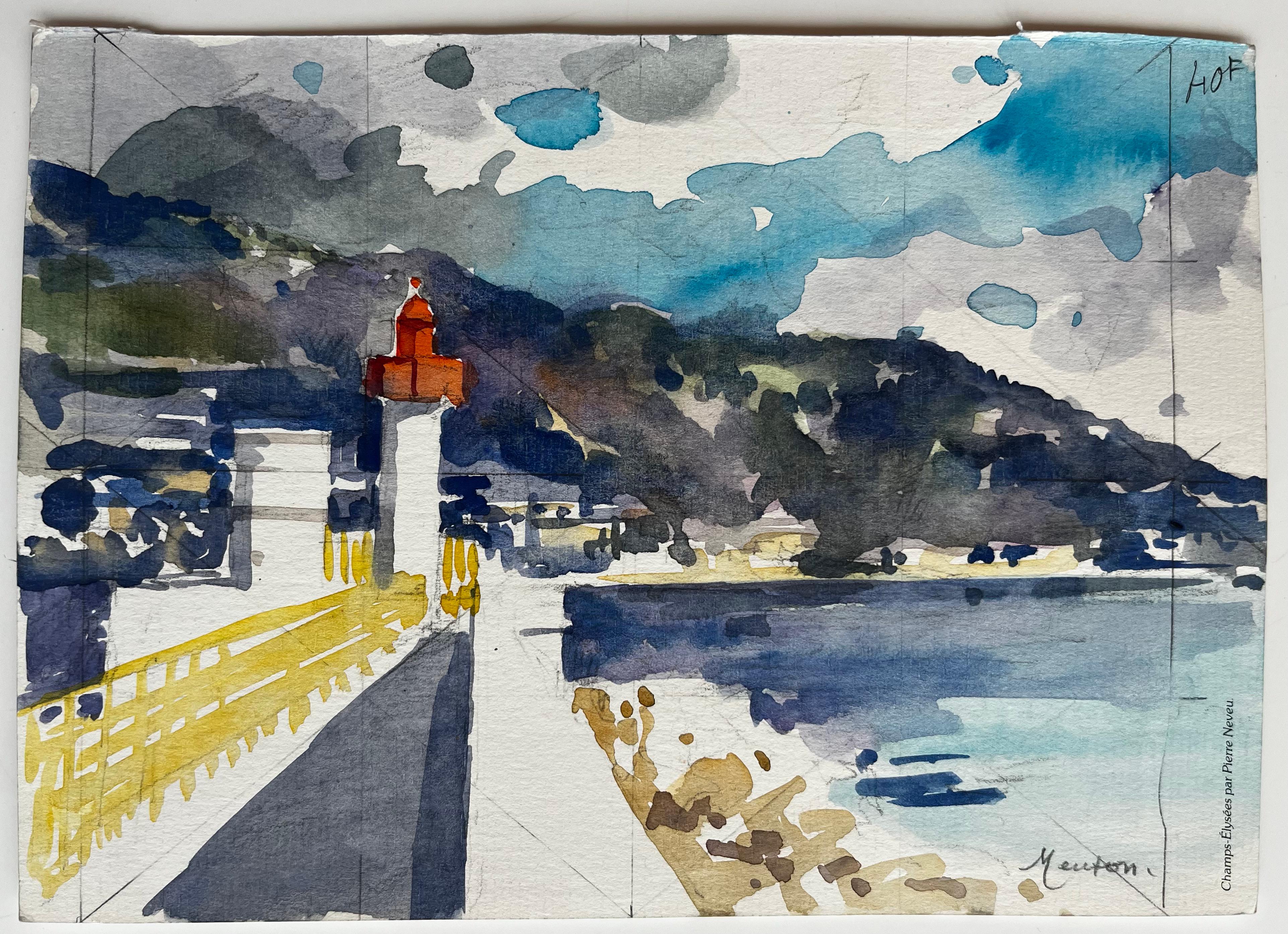 Menton Leuchtturm Mittelmeer mit Bergen Französische Küstenszenen – Painting von Pierre Neveu