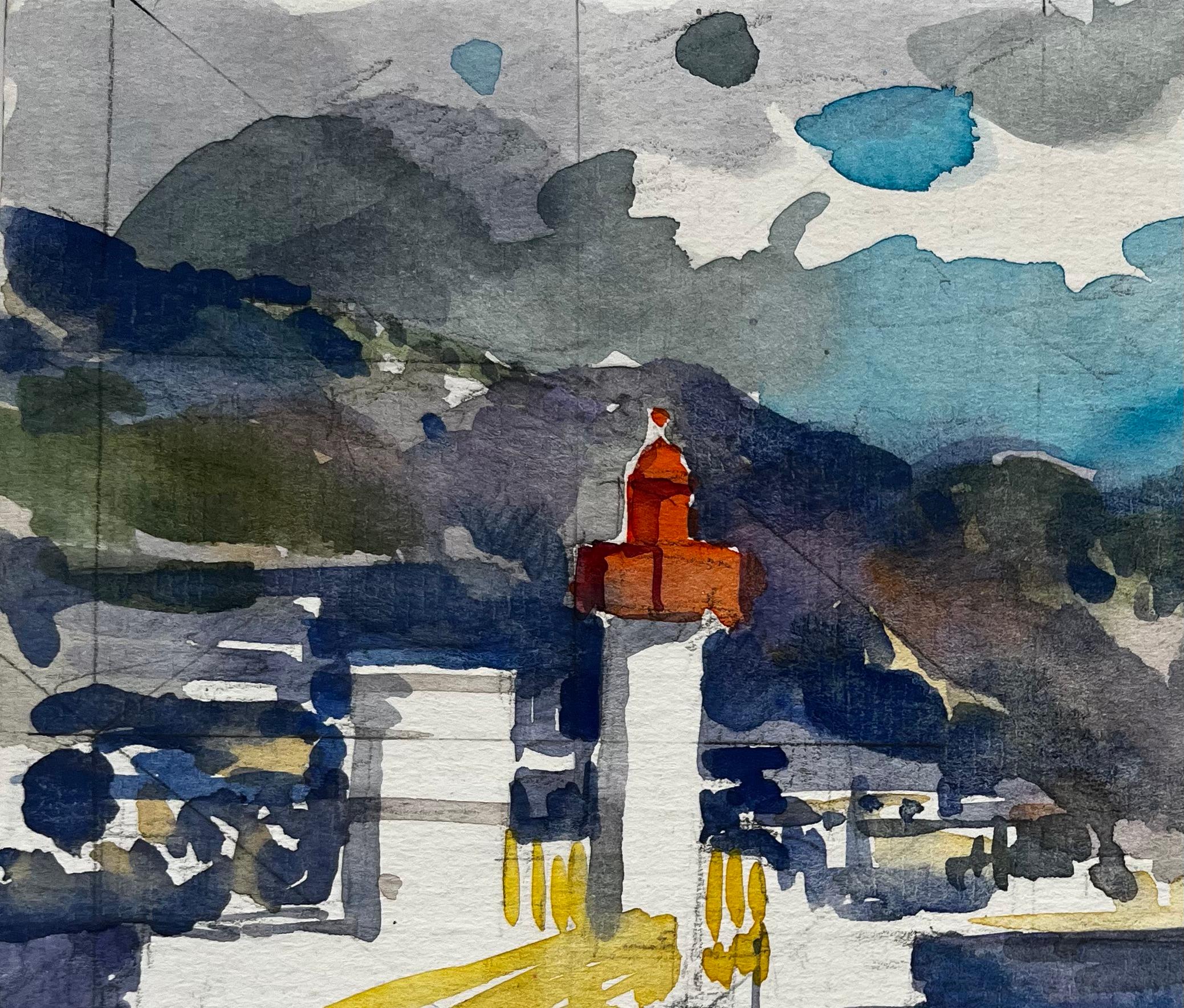 Menton Leuchtturm Mittelmeer mit Bergen Französische Küstenszenen (Post-Impressionismus), Painting, von Pierre Neveu