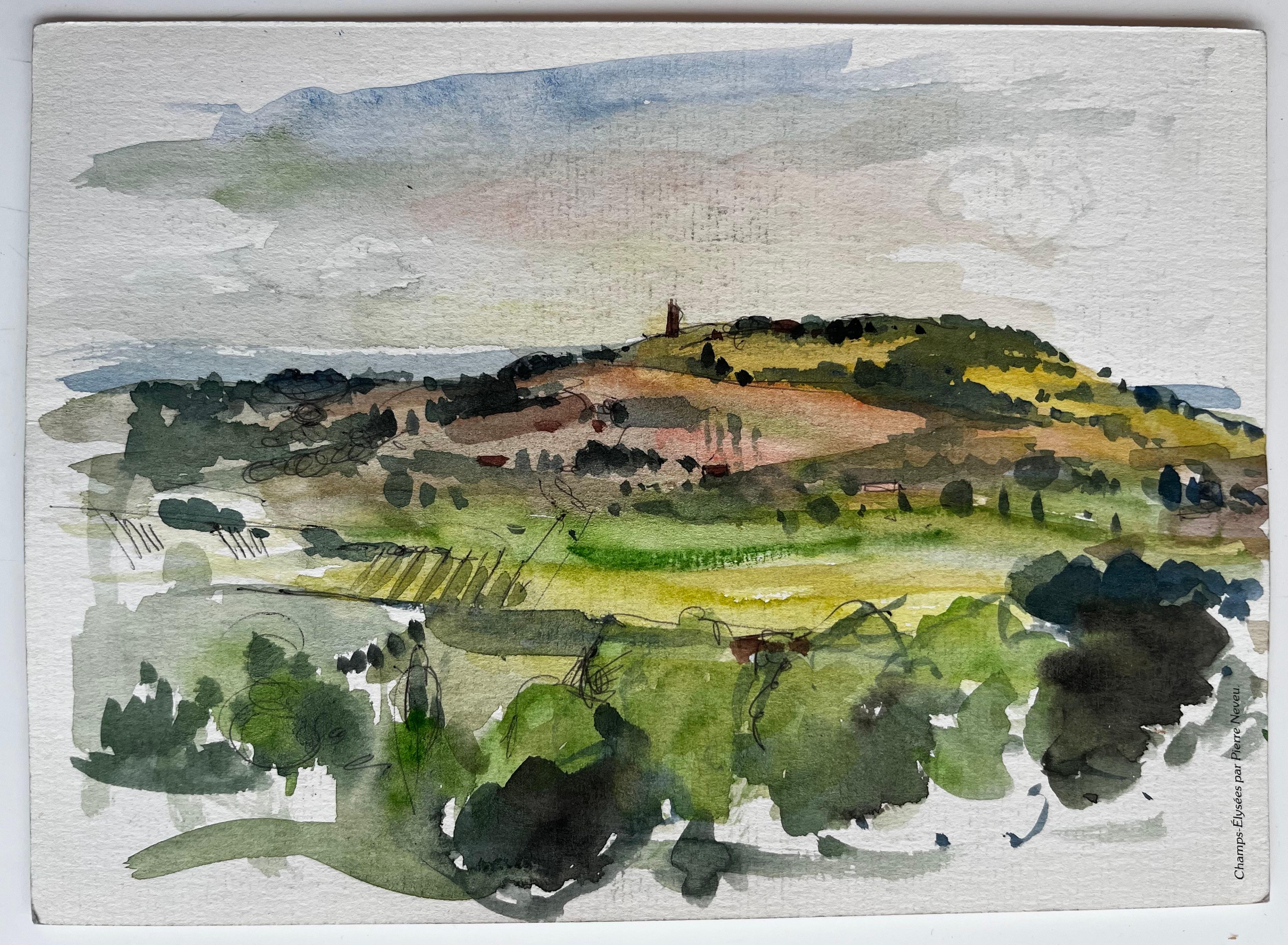Roll & Hill della Provenza con torre lontana e campi verdeggianti Paesaggio francese - Art di Pierre Neveu