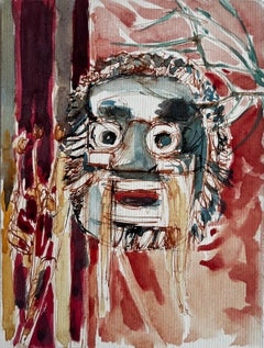 Expressionist Mask Study Abstract Face with Red Background Watercolor