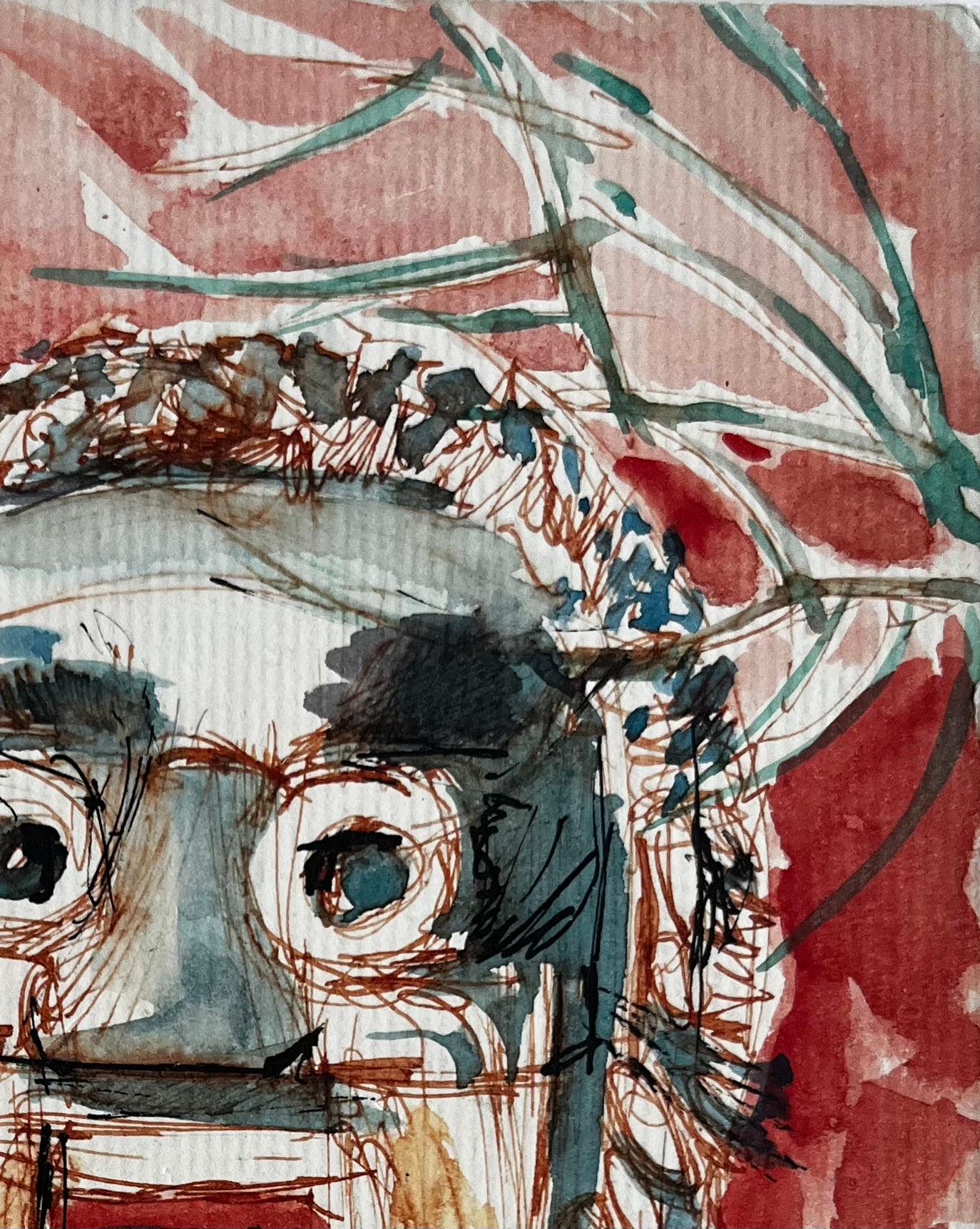 Étude de masque expressionniste Visage abstrait sur fond rouge Aquarelle - Marron Landscape Art par Pierre Neveu