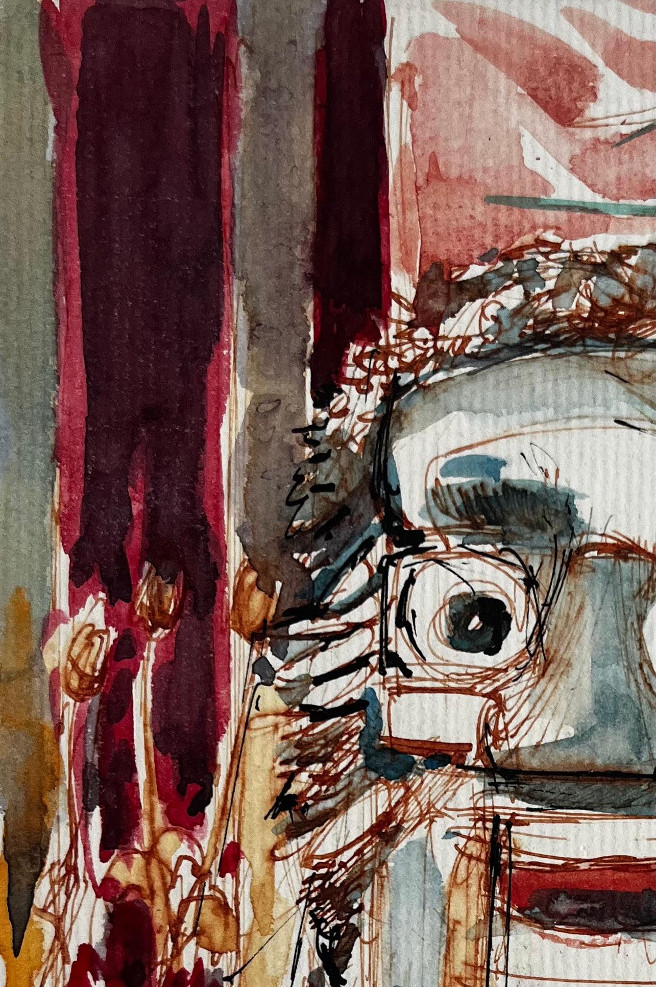 Étude de masque expressionniste Visage abstrait sur fond rouge Aquarelle - Post-impressionnisme Art par Pierre Neveu