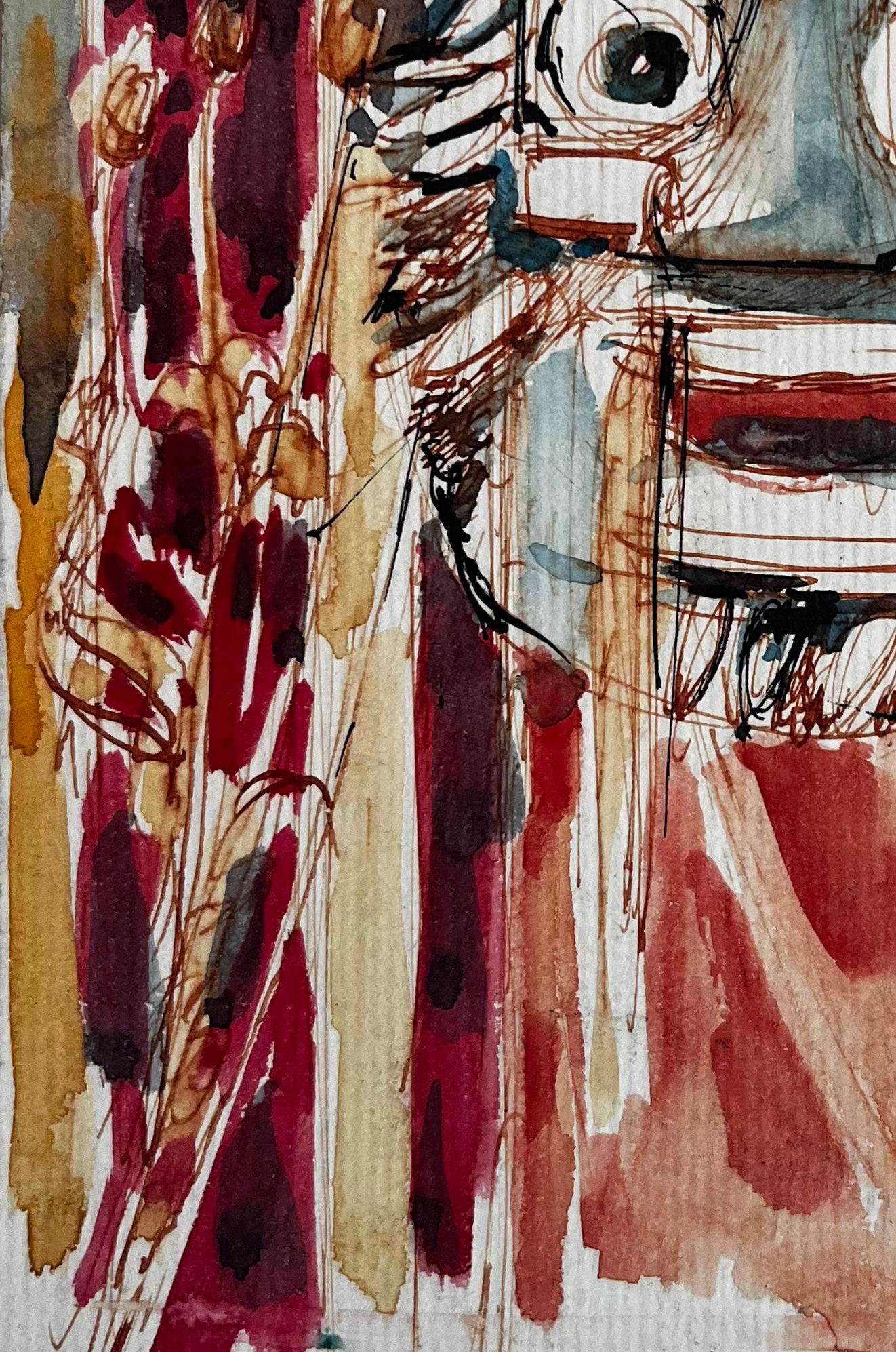 Étude de masque expressionniste Visage abstrait sur fond rouge Aquarelle en vente 1