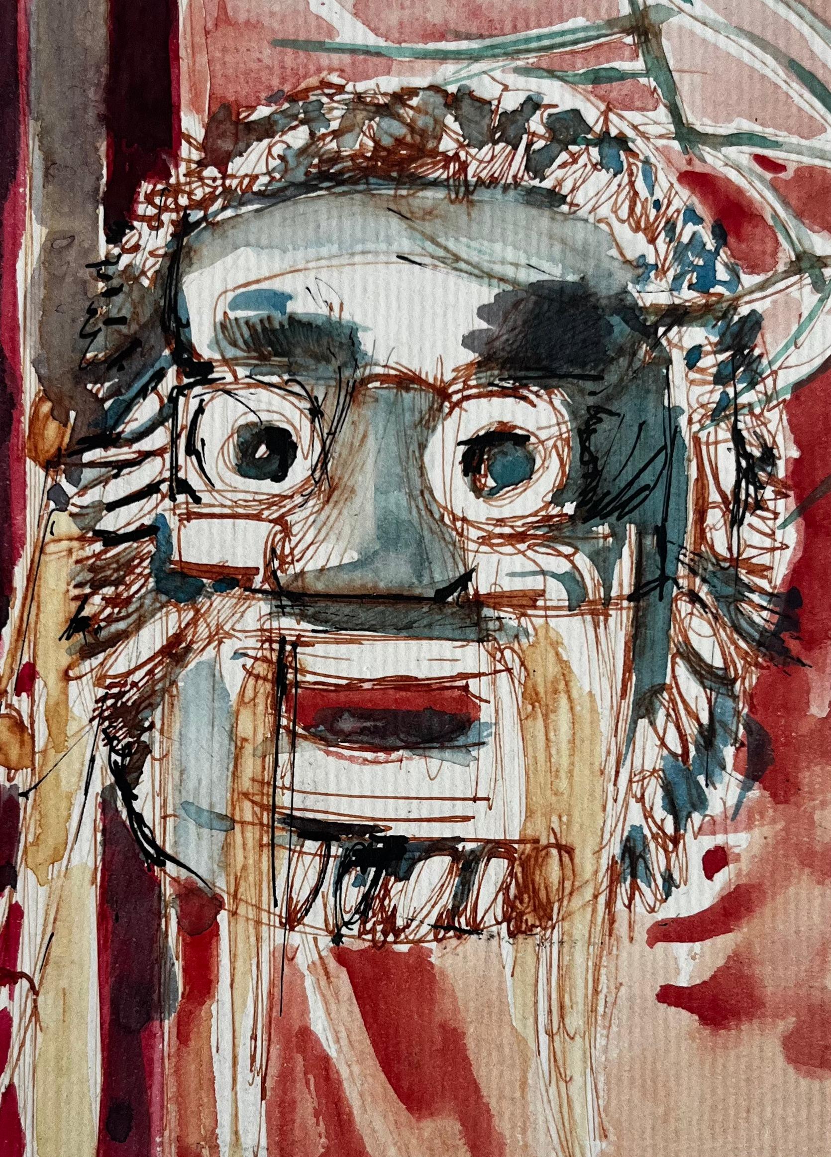 Étude de masque expressionniste Visage abstrait sur fond rouge Aquarelle en vente 2