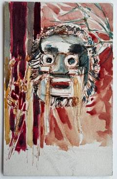 Expressionist Mask Study Abstract Face with Red Background Watercolor