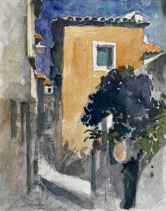 Sunlit Provence Street with Ochre House and Shaded Alley French Village Scene