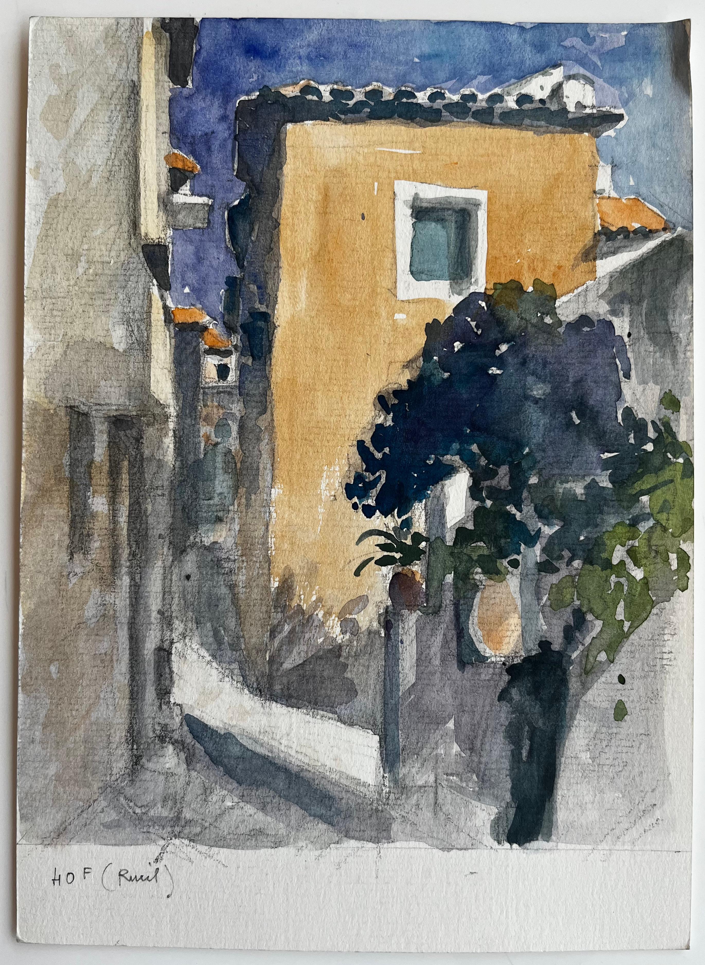 Strada provenzale illuminata dal sole con Ochre House e vicolo ombreggiato Scena di un villaggio francese - Art di Pierre Neveu