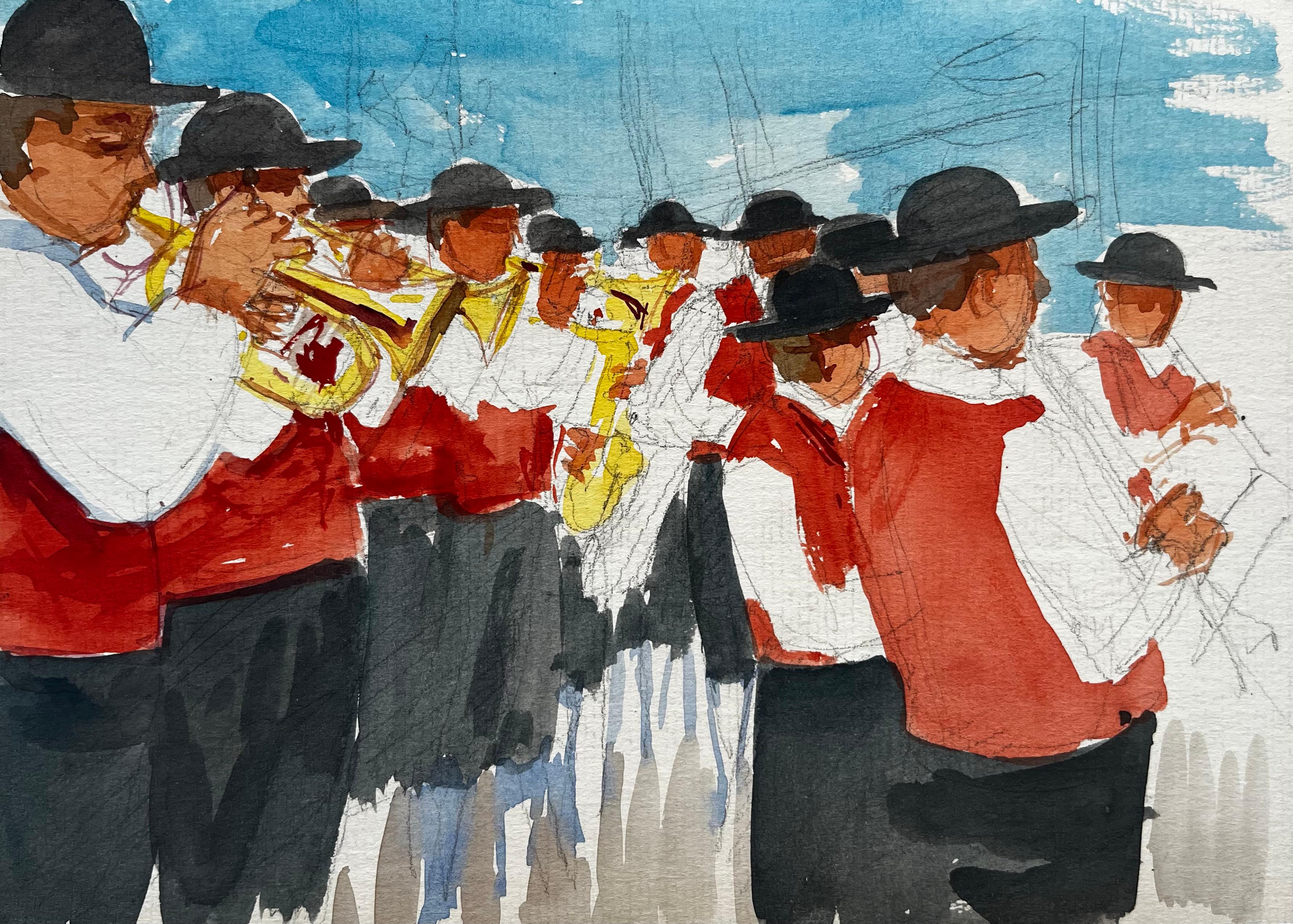 Landscape Painting de Pierre Neveu - Aldea francesa Banda de música Músicos con chalecos rojos Desfile al aire libre Acuarela