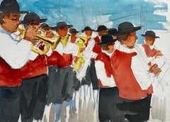 French Village Brass Band Musicians in Red Waistcoats Outdoor Parade Watercolor