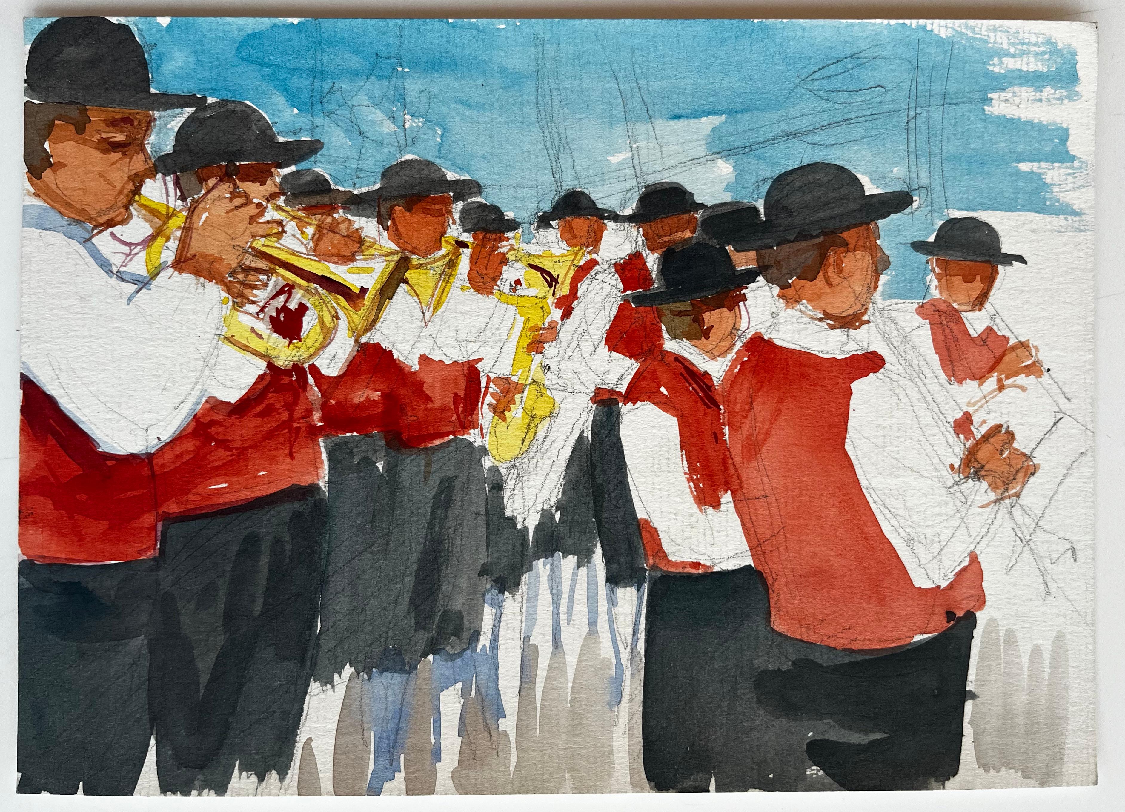 Aldea francesa Banda de música Músicos con chalecos rojos Desfile al aire libre Acuarela - Painting de Pierre Neveu