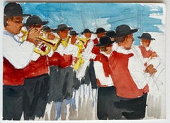 Musiciens en gilet rouge d'une fanfare de village français Parade en plein air Aquarelle