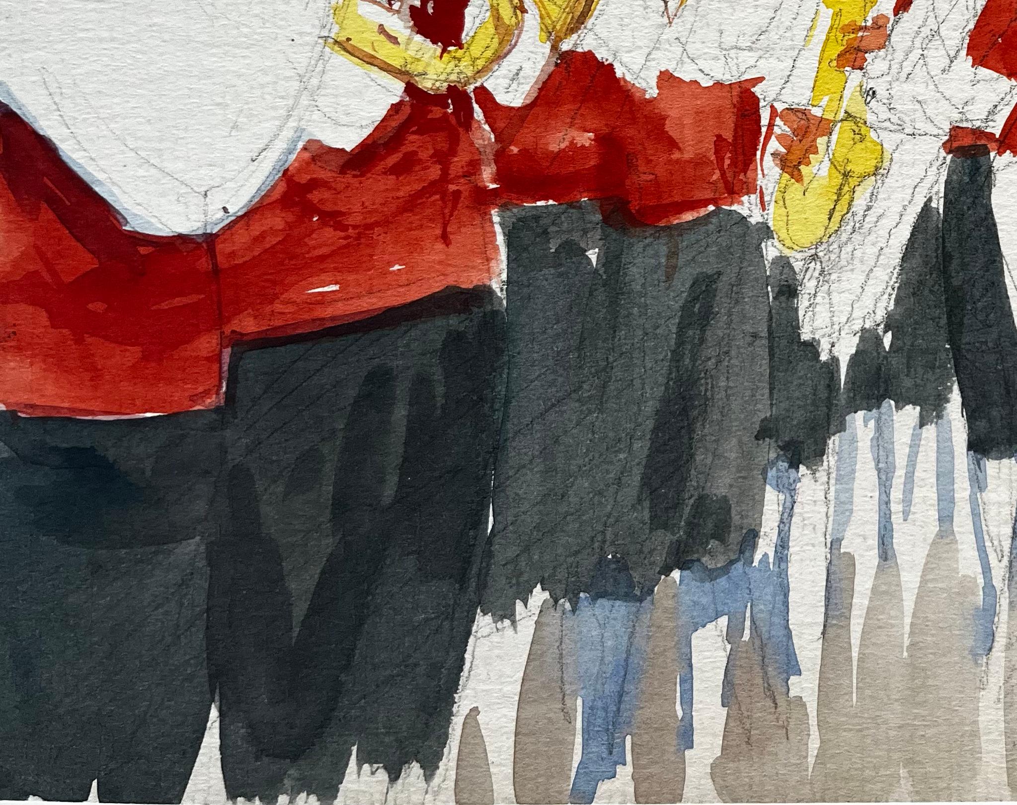 Aldea francesa Banda de música Músicos con chalecos rojos Desfile al aire libre Acuarela - Landscape Painting Gris de Pierre Neveu