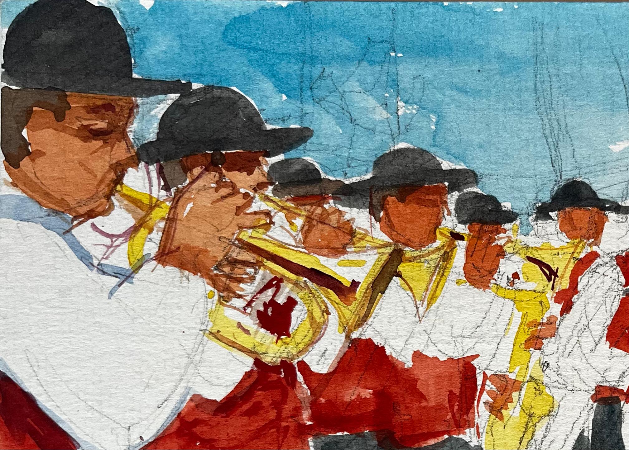 Aldea francesa Banda de música Músicos con chalecos rojos Desfile al aire libre Acuarela - Painting Posimpresionista de Pierre Neveu