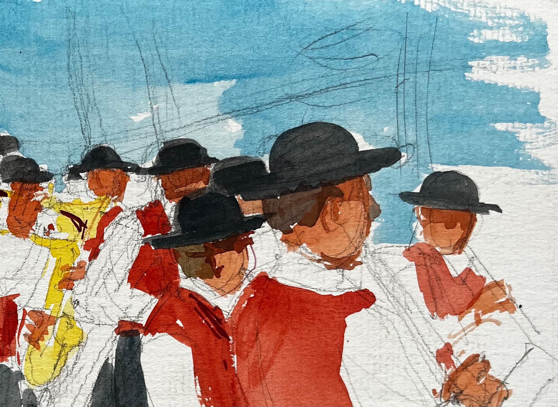 Título: Músicos de banda de música de pueblo francés con chalecos rojos Desfile al aire libre Acuarela
Artista: Pierre Neveu (francés n.1929)
Técnica: Acuarela sobre papel de artista, sin enmarcar
Tamaño (A x A): 6,25 x 8,5 pulgadas
Estado de