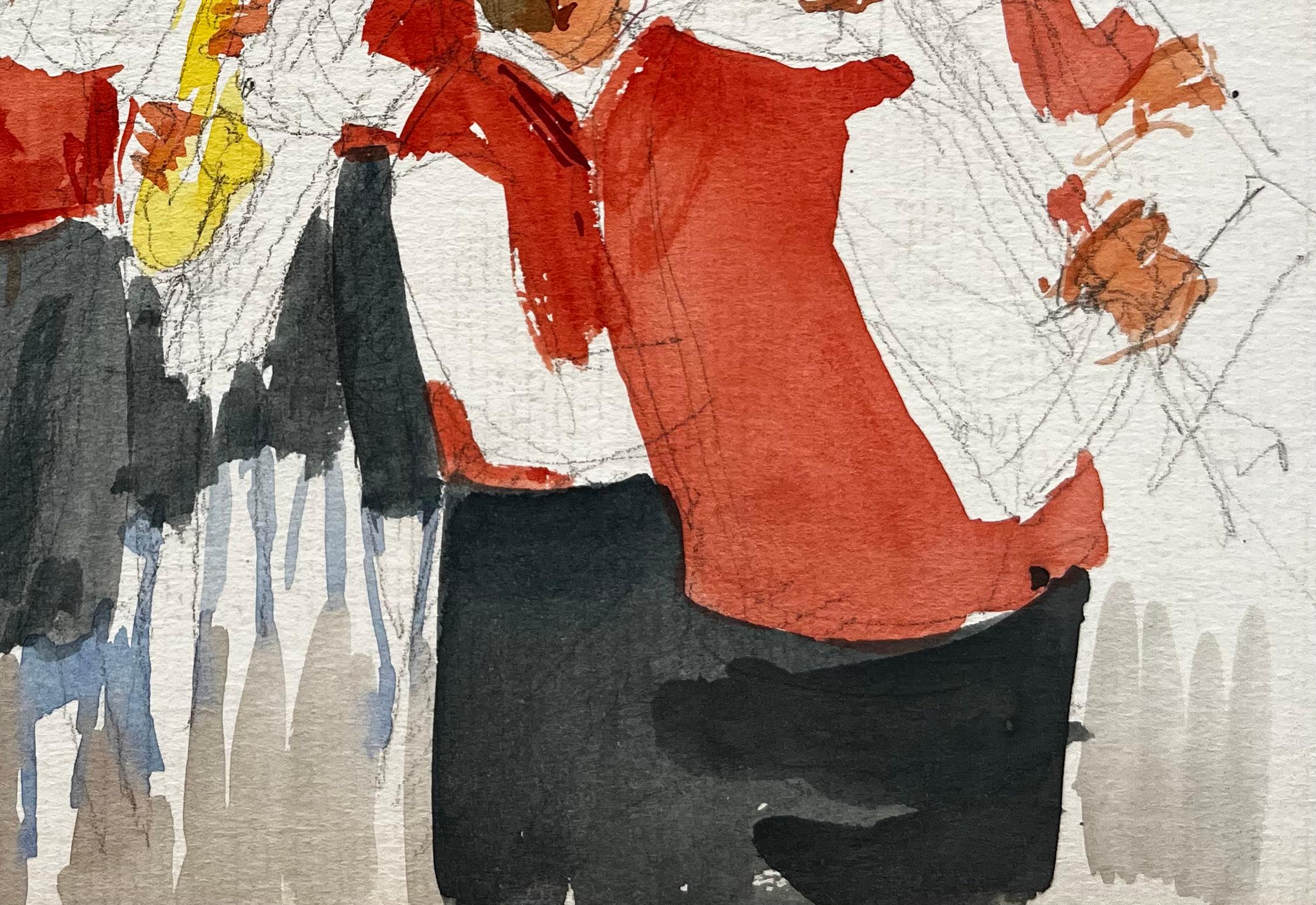 Aldea francesa Banda de música Músicos con chalecos rojos Desfile al aire libre Acuarela en venta 1