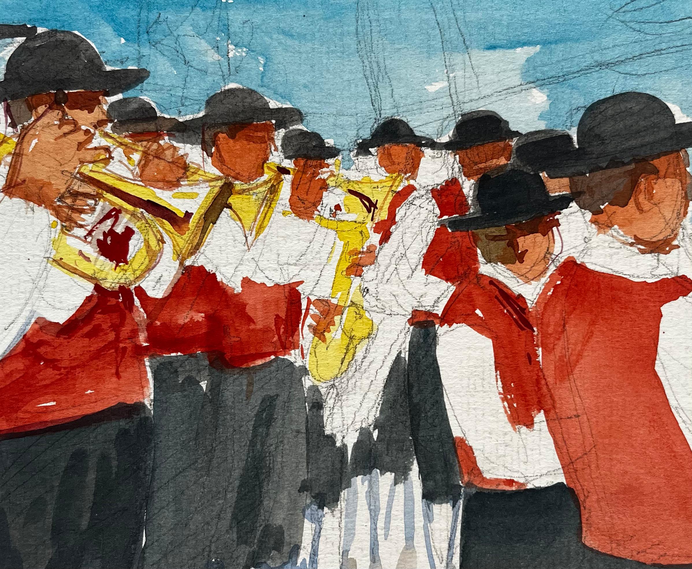 Aldea francesa Banda de música Músicos con chalecos rojos Desfile al aire libre Acuarela en venta 2