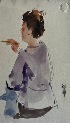 Seated Woman Holding Paintbrush Female Artist Study French Figurative Watercolor