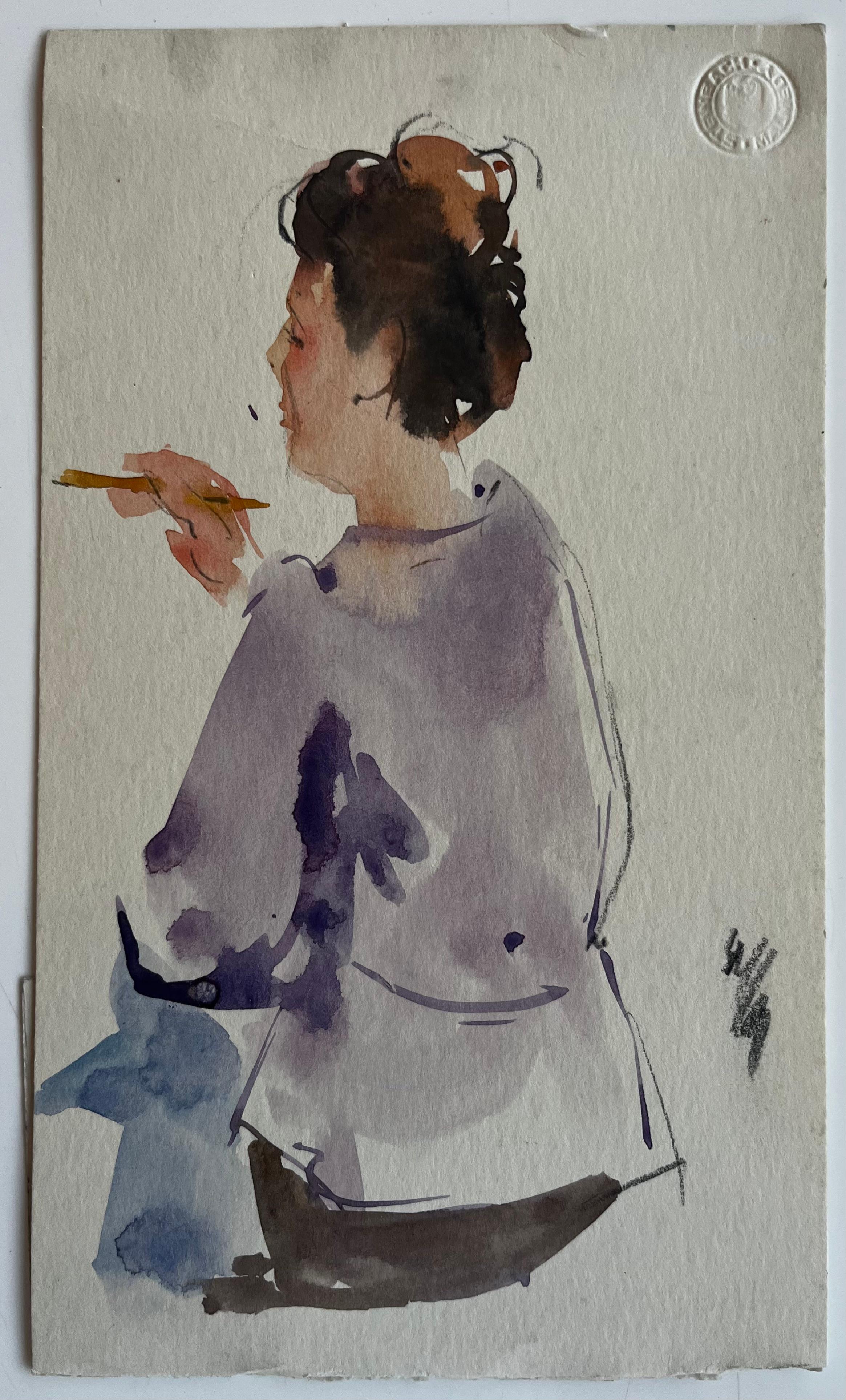 Sitzende Frau hält Pinsel Weibliche Künstlerin Studie Französisch Figurative Aquarell – Painting von Pierre Neveu