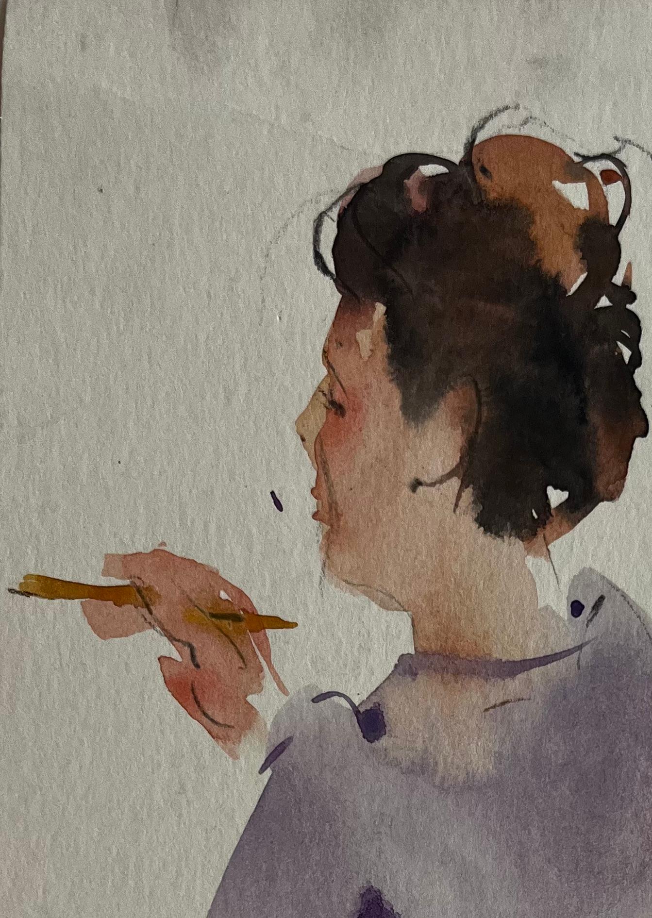 Sitzende Frau hält Pinsel Weibliche Künstlerin Studie Französisch Figurative Aquarell (Post-Impressionismus), Painting, von Pierre Neveu