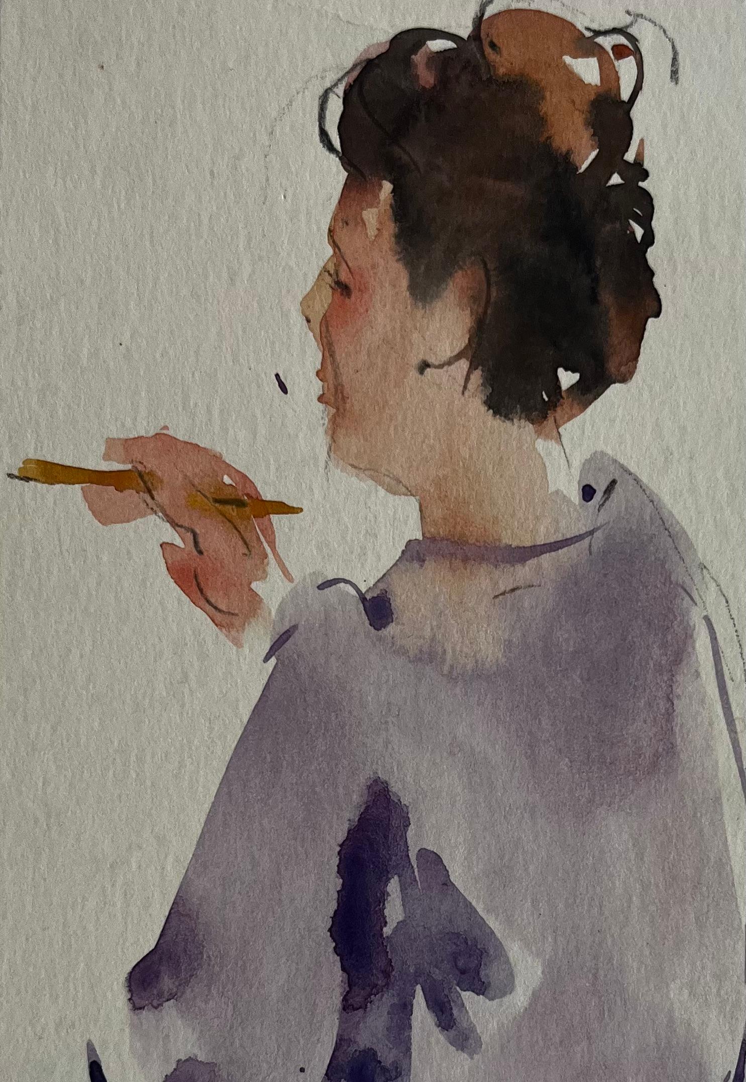 Sitzende Frau hält Pinsel Weibliche Künstlerin Studie Französisch Figurative Aquarell im Angebot 2