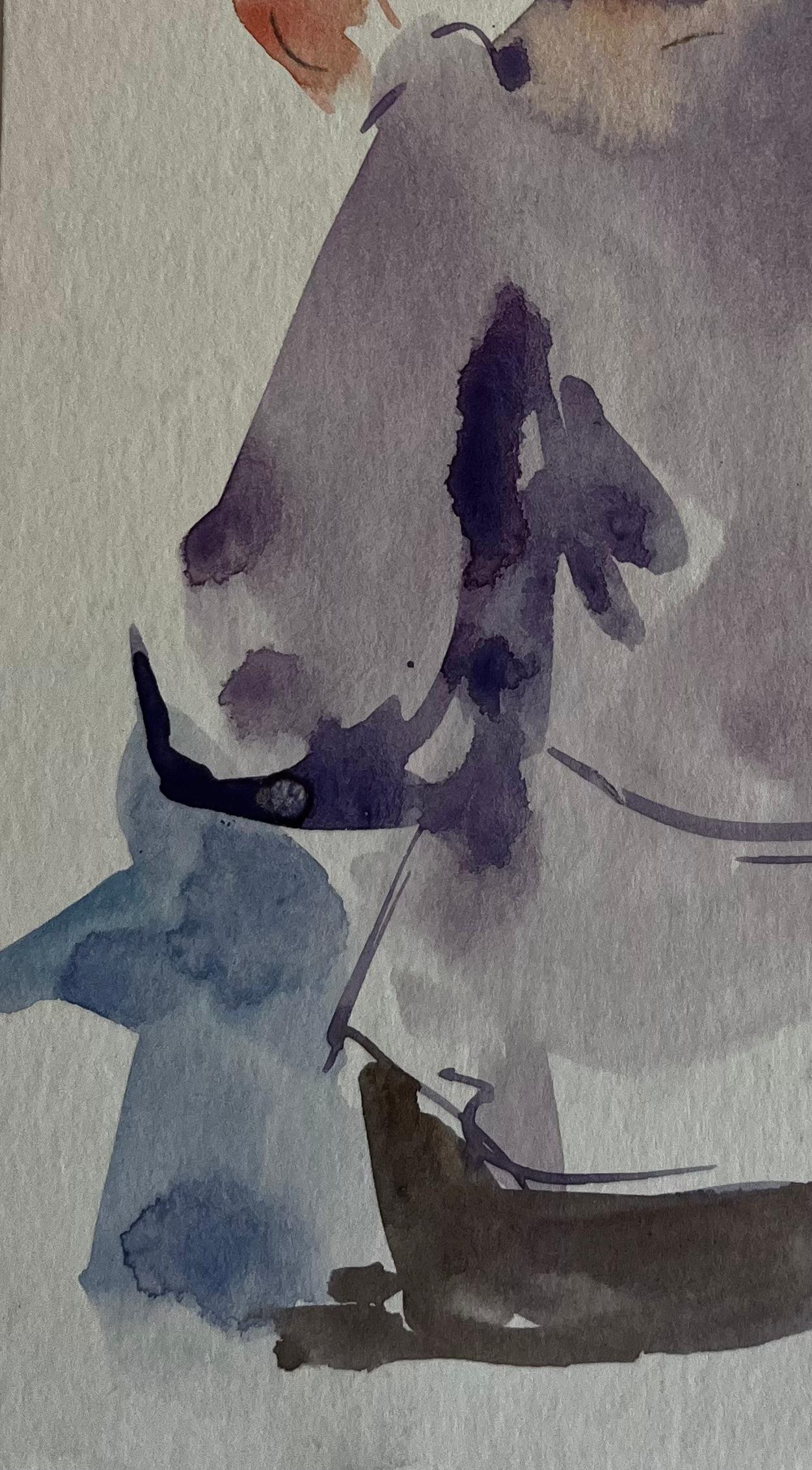 Sitzende Frau hält Pinsel Weibliche Künstlerin Studie Französisch Figurative Aquarell (Grau), Landscape Painting, von Pierre Neveu