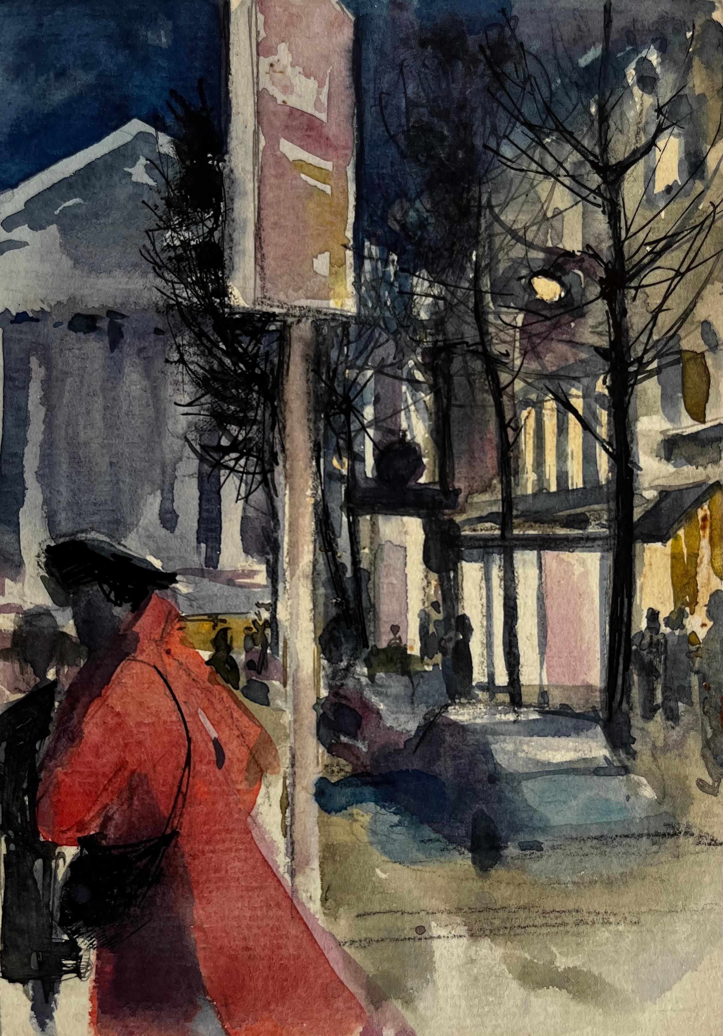 Scena notturna di Parigi con figure e cappotto rosso Acquerello urbano