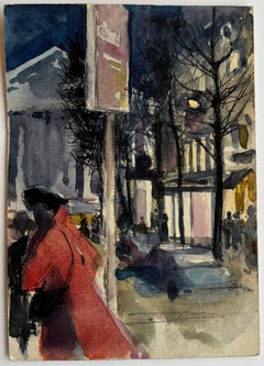 Paris Street Scene at Night with Figures and Red Coat Urban Watercolor