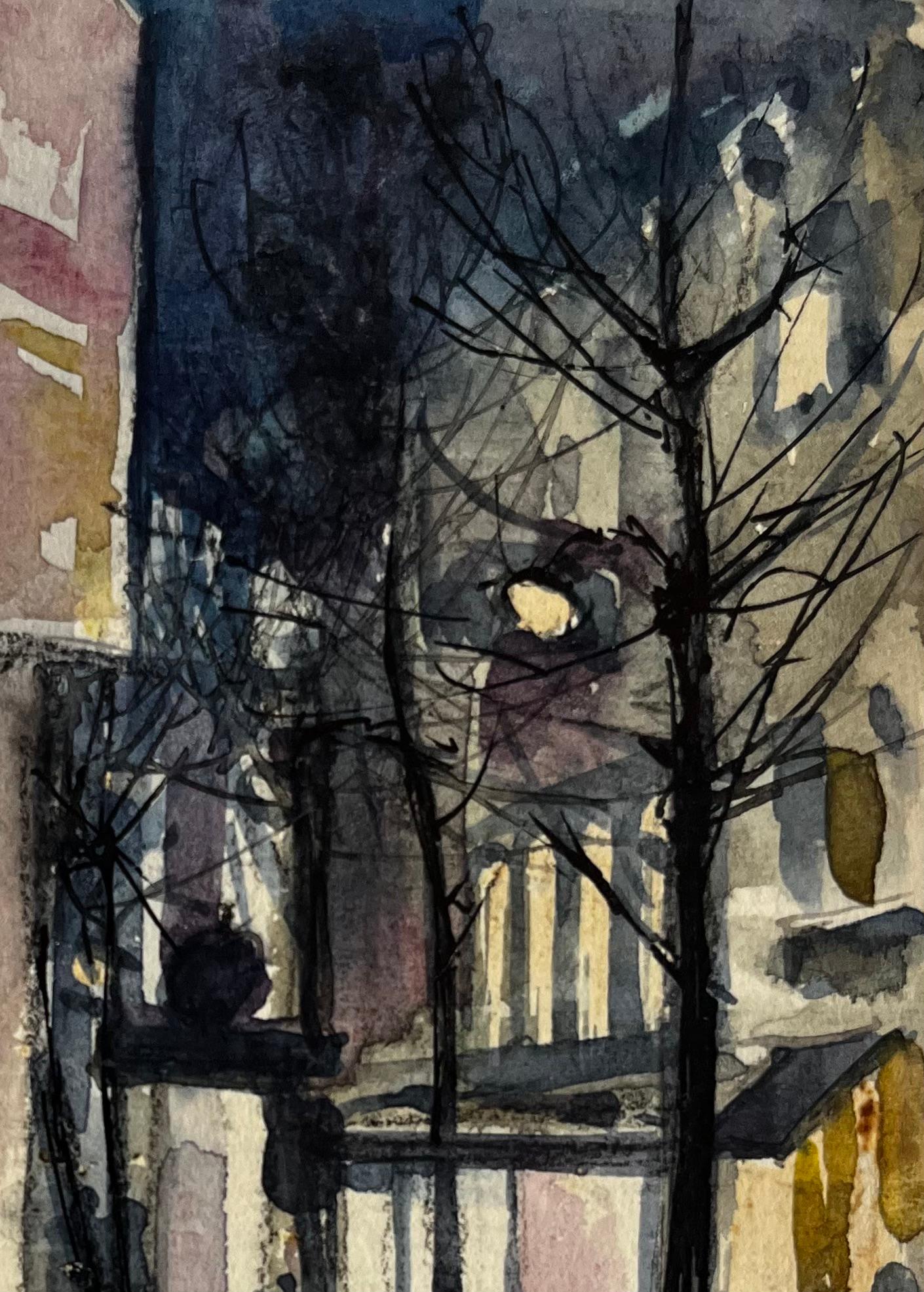 Scena notturna di Parigi con figure e cappotto rosso Acquerello urbano - Landscape Art Nero di Pierre Neveu