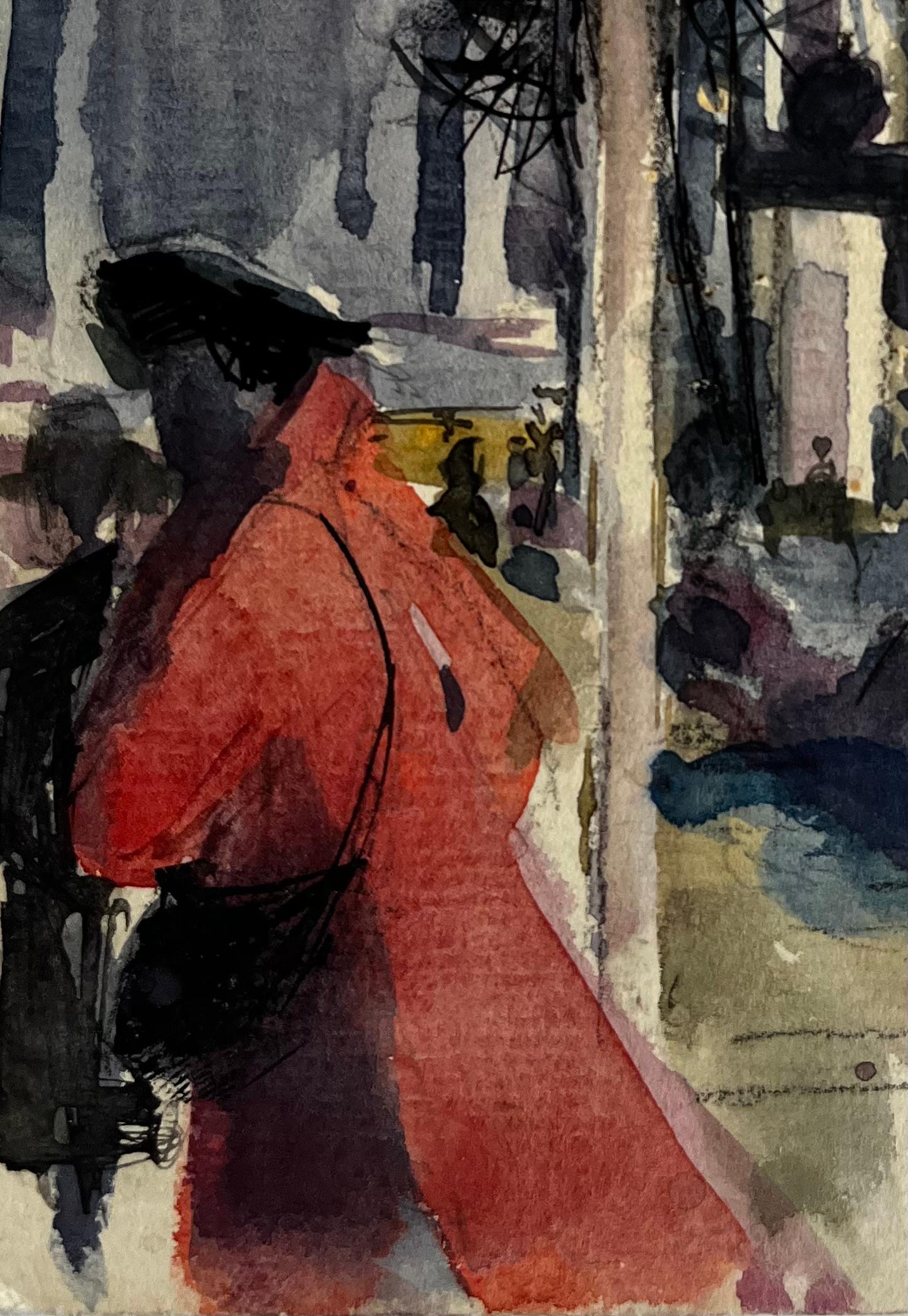 Scena notturna di Parigi con figure e cappotto rosso Acquerello urbano - Art Postimpressionismo di Pierre Neveu