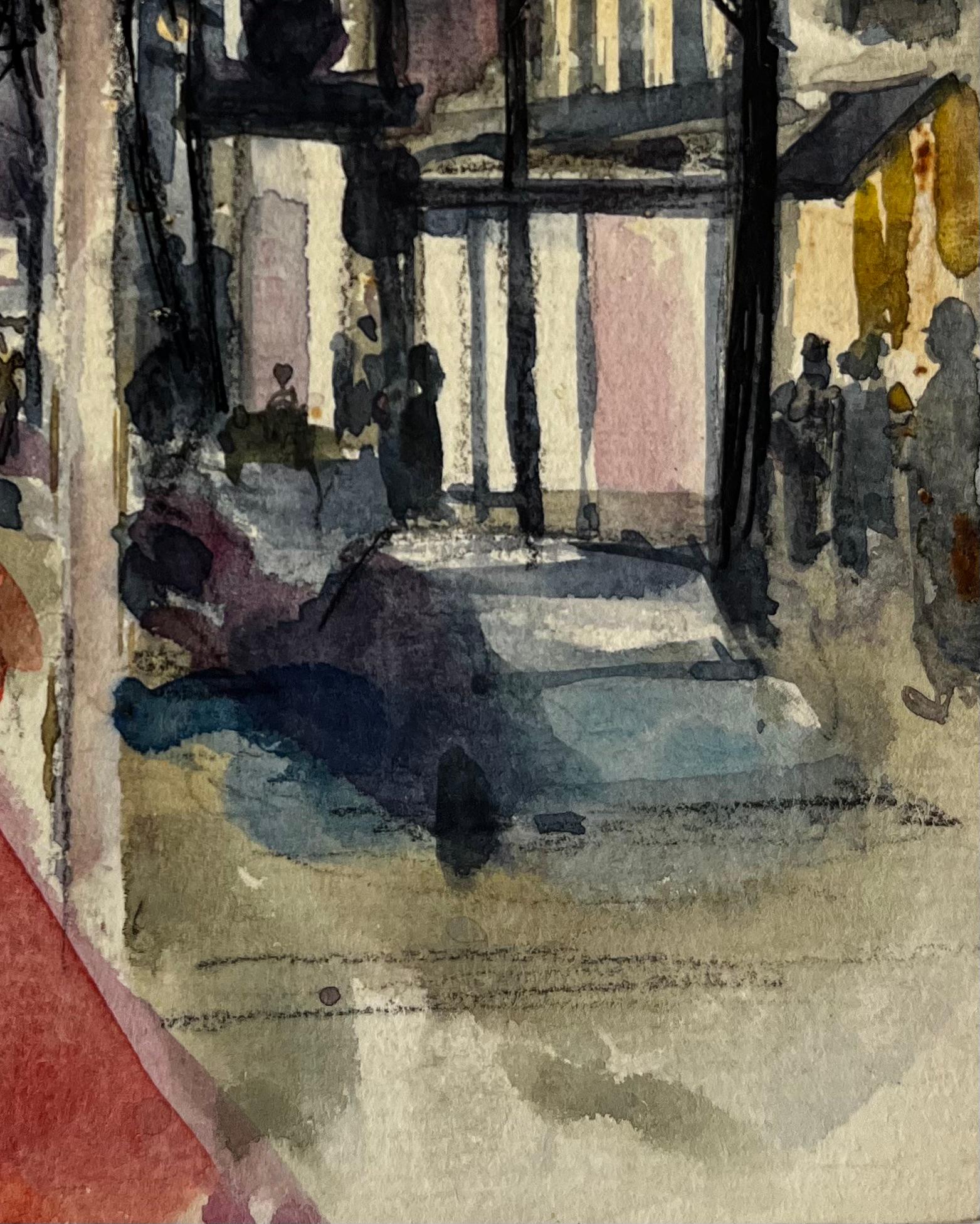 Scena notturna di Parigi con figure e cappotto rosso Acquerello urbano in vendita 1