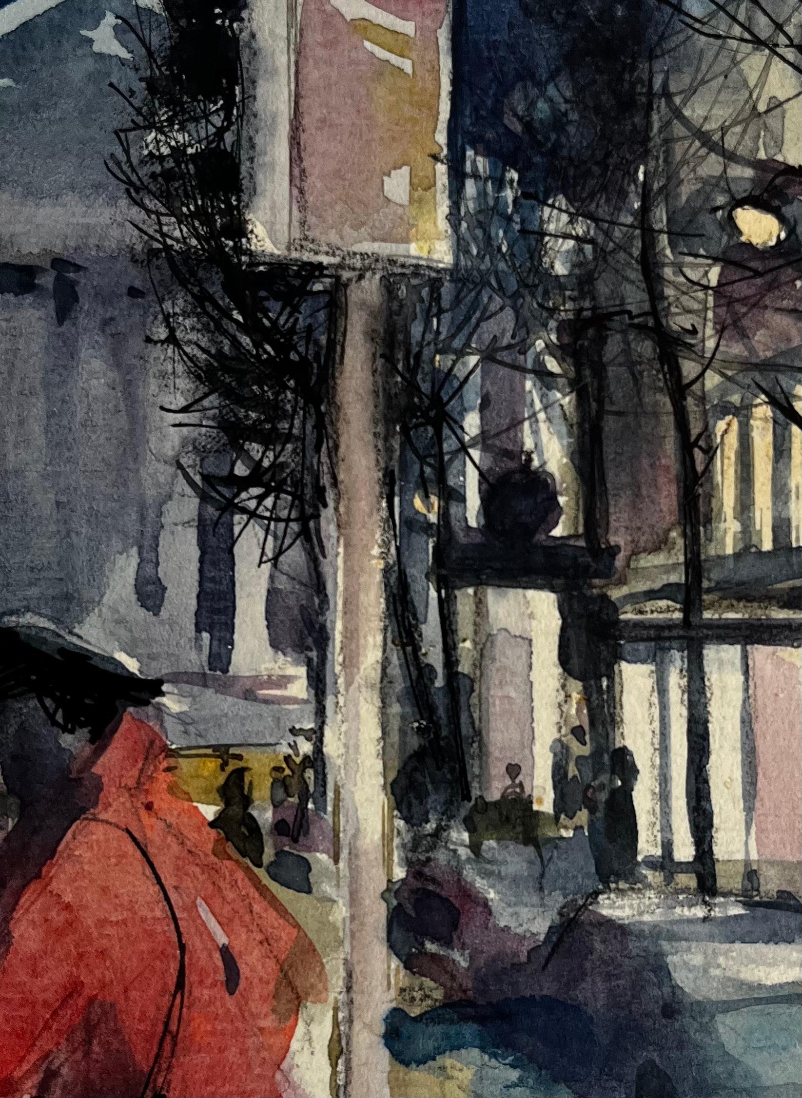 Scena notturna di Parigi con figure e cappotto rosso Acquerello urbano in vendita 2