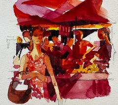 French Market Scene with Woman in Red Dress Vibrant Figurative Street Watercolor